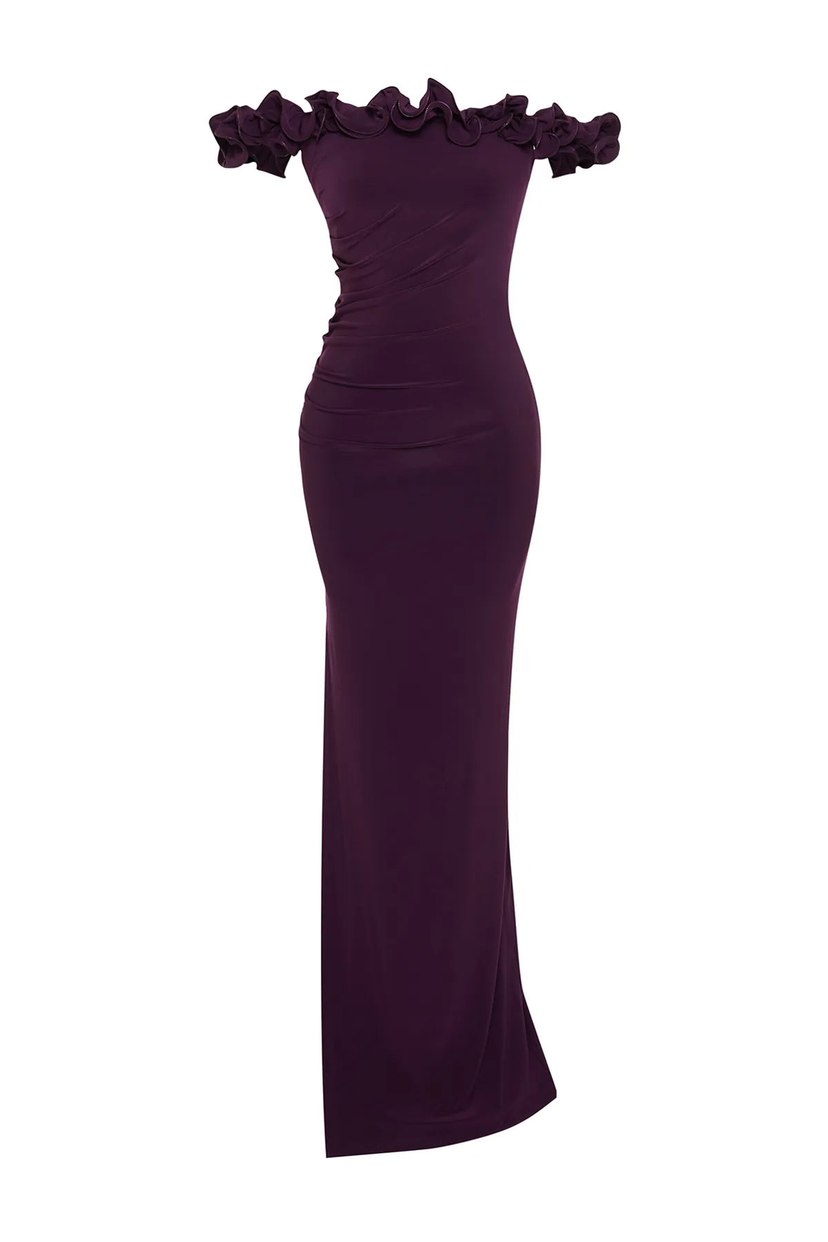 Trendyol Collection  Pflaumenfarbenes, körperbetontes, gestricktes langes Abendkleid TPRSS24AE00082