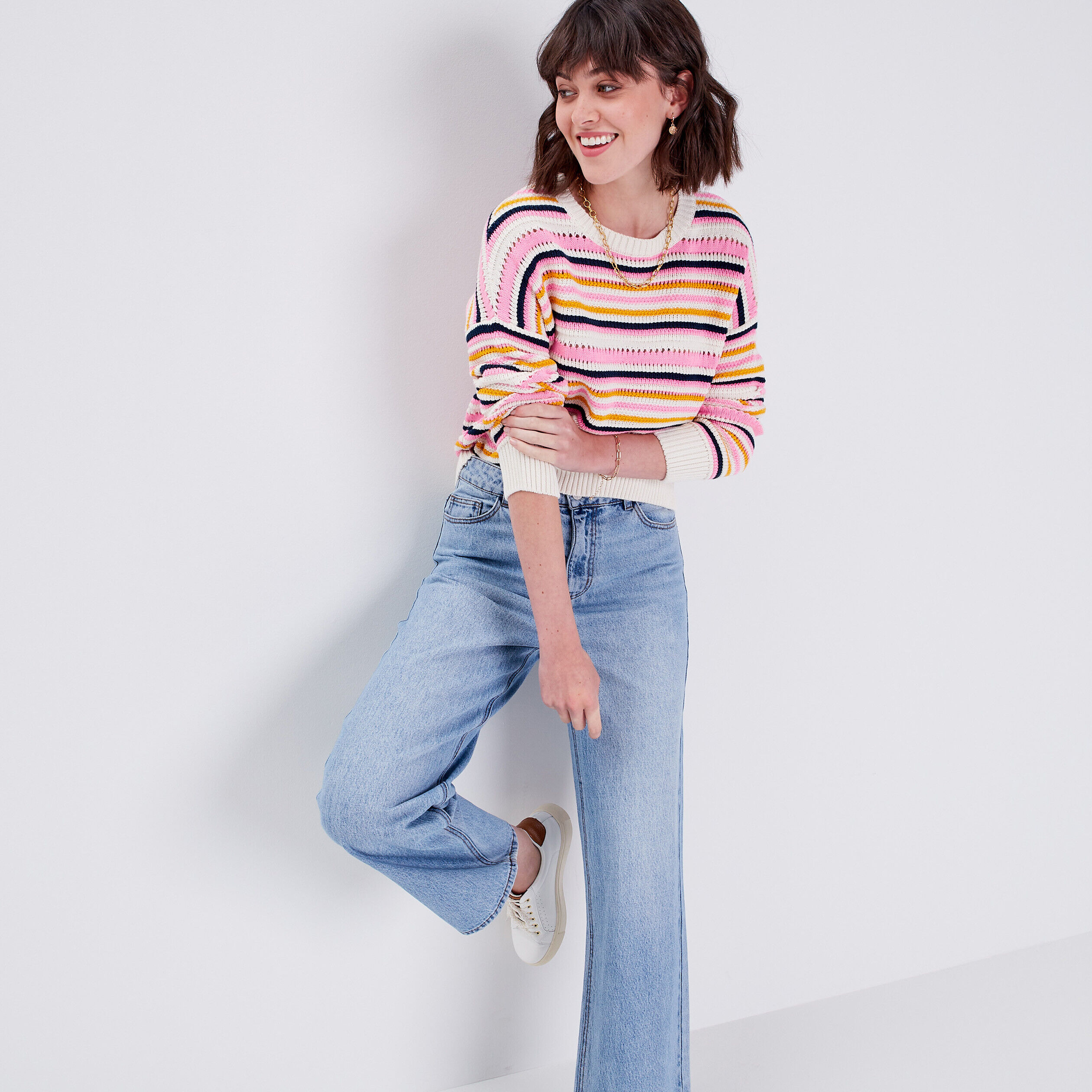 Pull avec col rond rose vif femme | Cache Cache