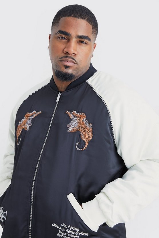 Plus Satin Souvenir-Bomberjacke mit Stickerei