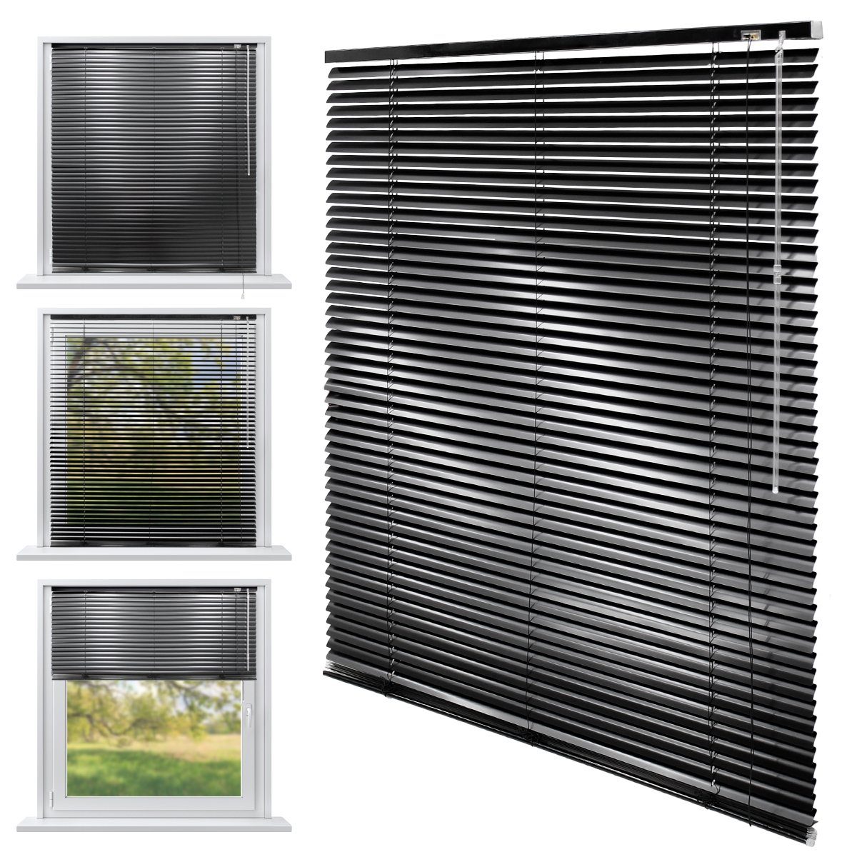 Jalousie Sicht-, Licht- und Blendschutz Fensterjalousie Jalousette Rollo, ECD Germany, Universalhalter, Schwarz 120x130cm Aluminiumlamellen inkl. alle Montageteile
