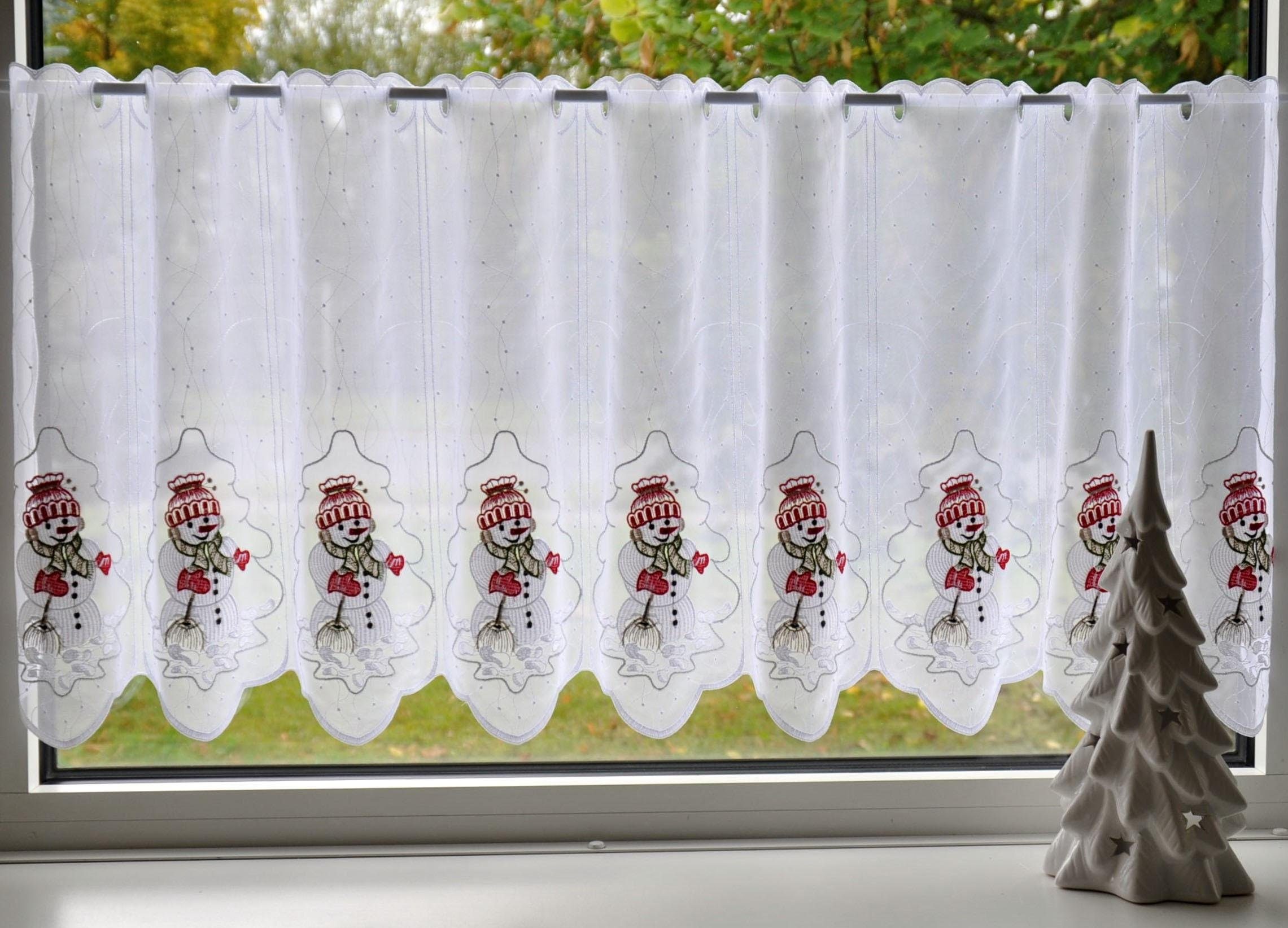 Scheibengardine Schneemann, Stickereien Plauen, Stangendurchzug (1 St), transparent, Voile