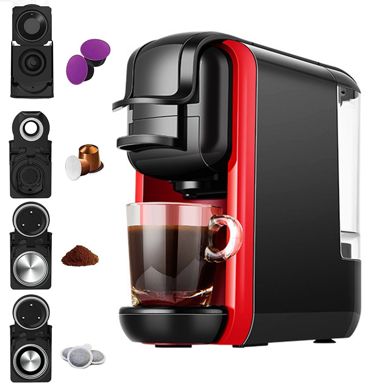 KREATE Kapselmaschine 4-in-1-Kapselkaffeemaschine mit 4 Brühbechern, Espressomaschine, 0.6l Kaffeekanne, für Nespresso Original/Dolce Gusto/Mixed Coffee und ESE-Pads, 19 bar, 1450 W 36cm * 15.5cm * 33.2cm, Geeignet für Büro, Zuhause, Männer und Fraue