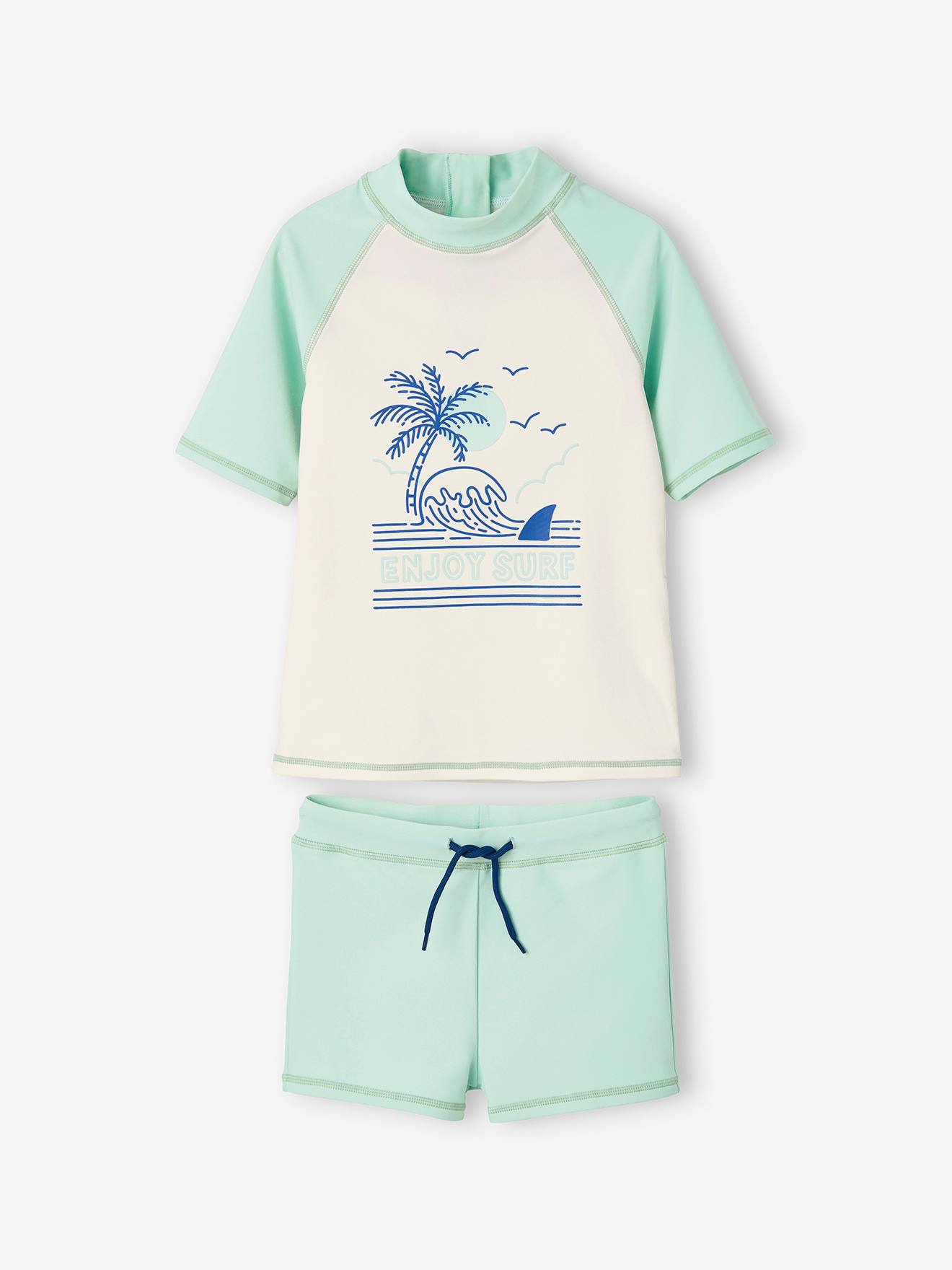 Ensemble de bain anti-UV garçon T-shirt + boxer vert d'eau