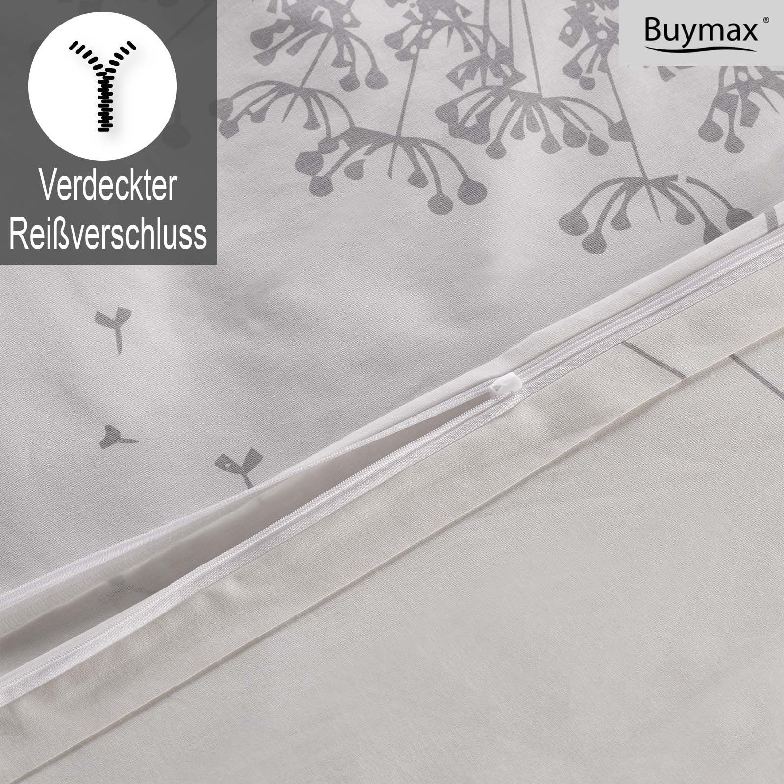 Bettwäsche, Buymax, Renforcé, 3 teilig, 100% Baumwolle Renforce Kissenbezug 80x80 cm mit Reißverschluss Blumen Blätter, Weiß Grau