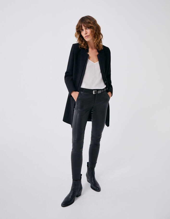 Manteau mi-long noir double col enduit femme
