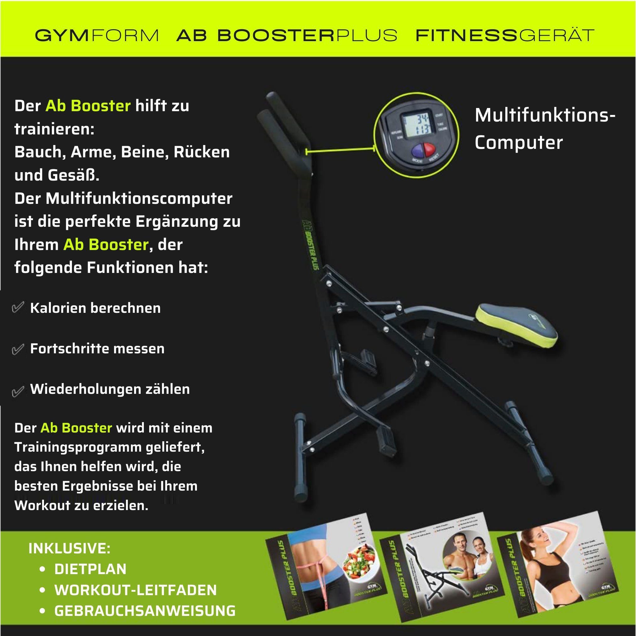 Gymform® Heimtrainer Ab Booster PLUS Ganzkörper - Trainingsgerät (inkl. Bildschirm, Trainingsanleitung und Diätplan), klappbar, Trainiert: Rücken, Gesäß, Bauchmuskeln, Beine und Arme