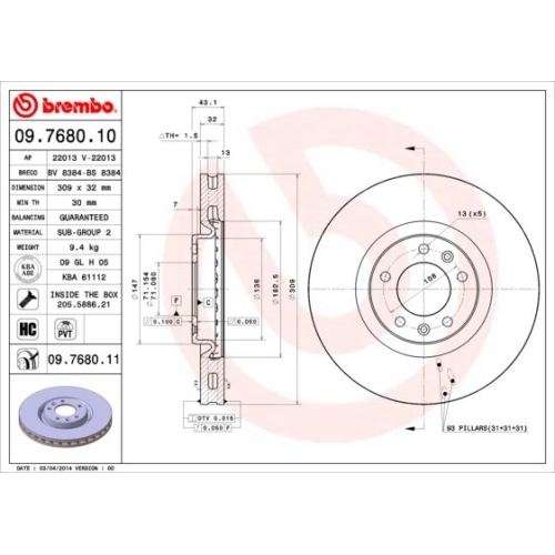 Bremsscheibe Brembo Vorderachse  1 Stück 09.7680.11 - ATU