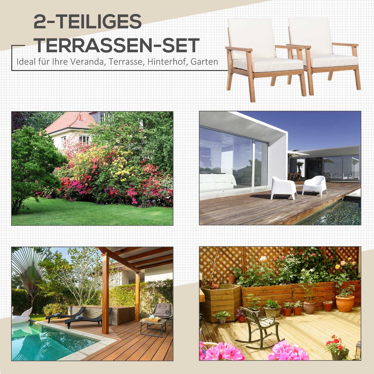 Outsunny 2er-Set Gartenstühle mit Kissen Gartensessel Set Gartenstuhl aus Pappelholz Gartenmöbel Holzstuhl Balkonstuhl Terrassenstuhl Braun Beige 66 x 77,5 x 74,5 cm