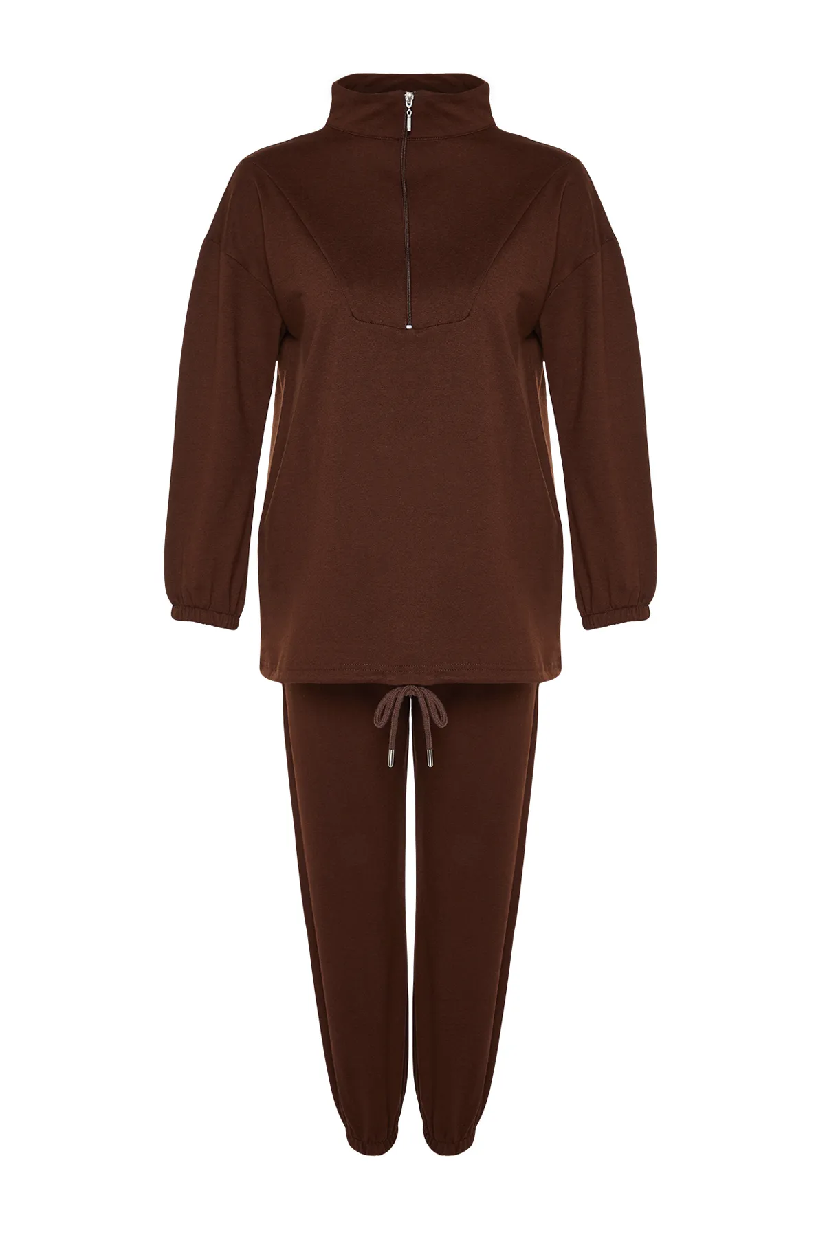 Trendyol Modest  Braunes Strick-Trainingsanzug-Set mit hohem Kragen und Kordelzug und Reißverschluss TCTAW22EN0051