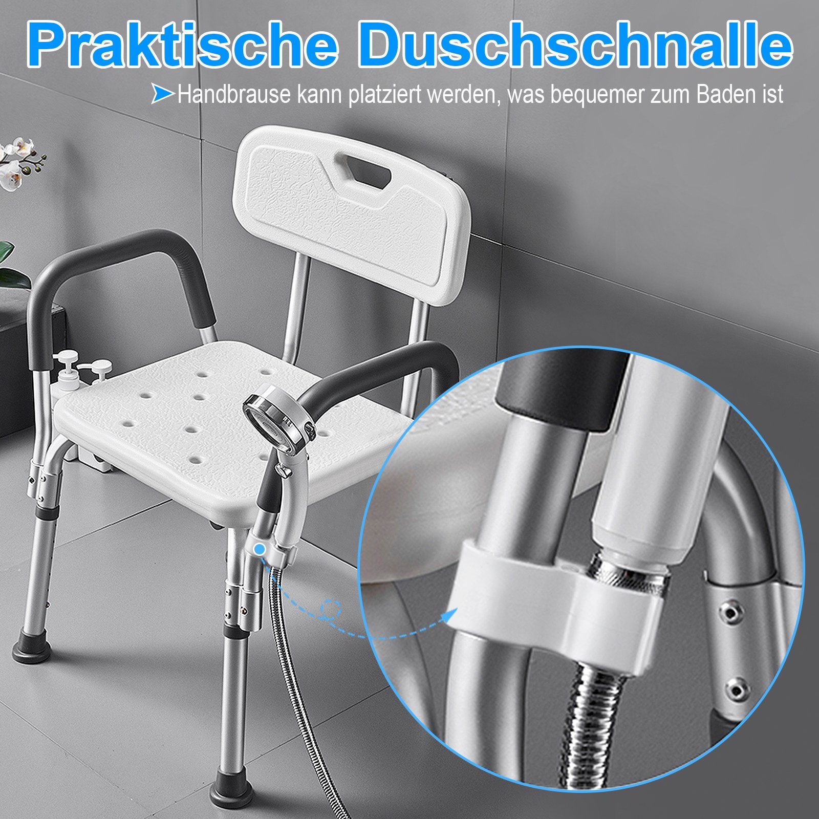 UISEBRT Duschhocker Duschstuhl Höhenverstellbar, mit Arm- und Rückenlehne