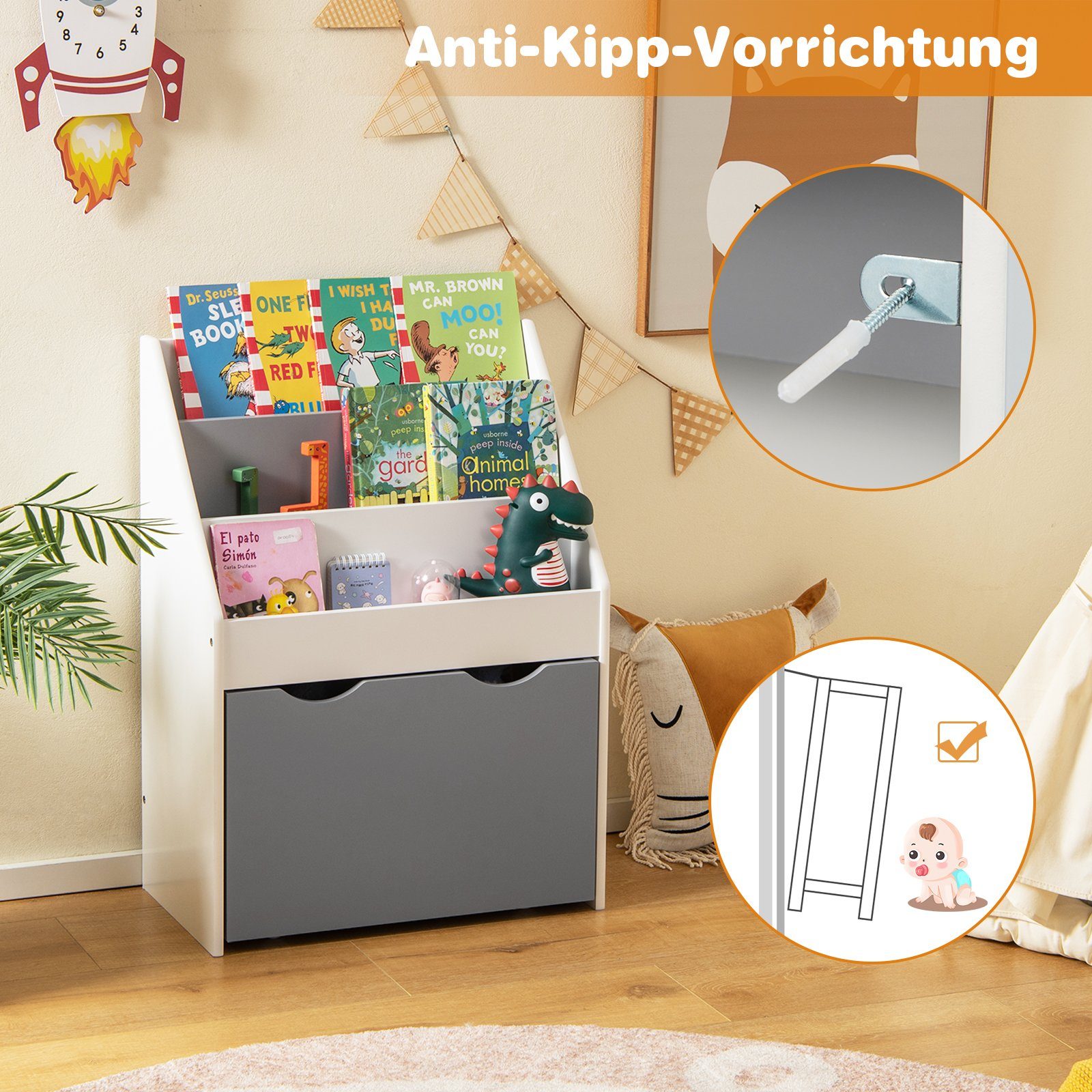 COSTWAY Bücherregal Kinderregal, mit 3 Ablagen & Spielzeugkiste