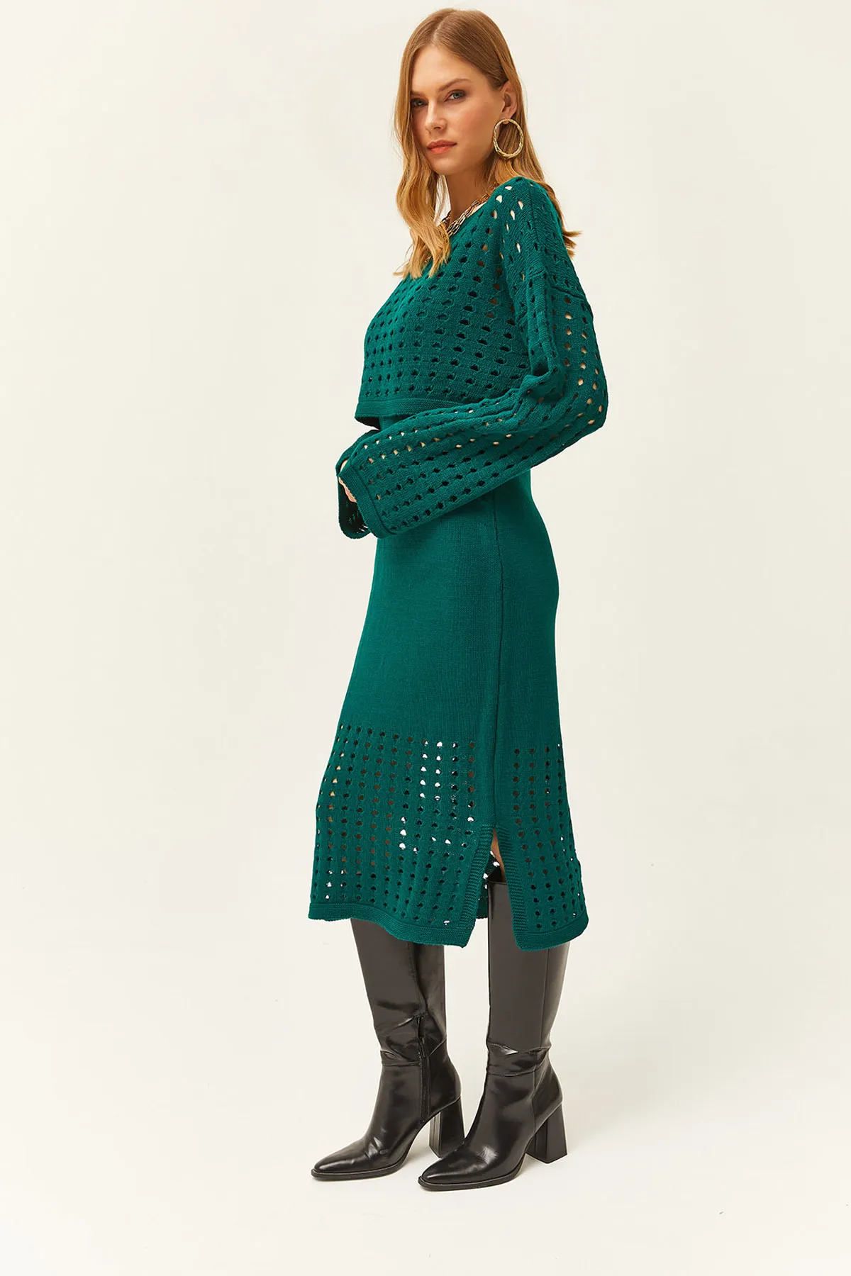 Olalook  Smaragdgrünes Oberteil mit durchbrochenem Pullover und unterem durchbrochenem Kleid aus Strickwaren-Set TKM-19000246