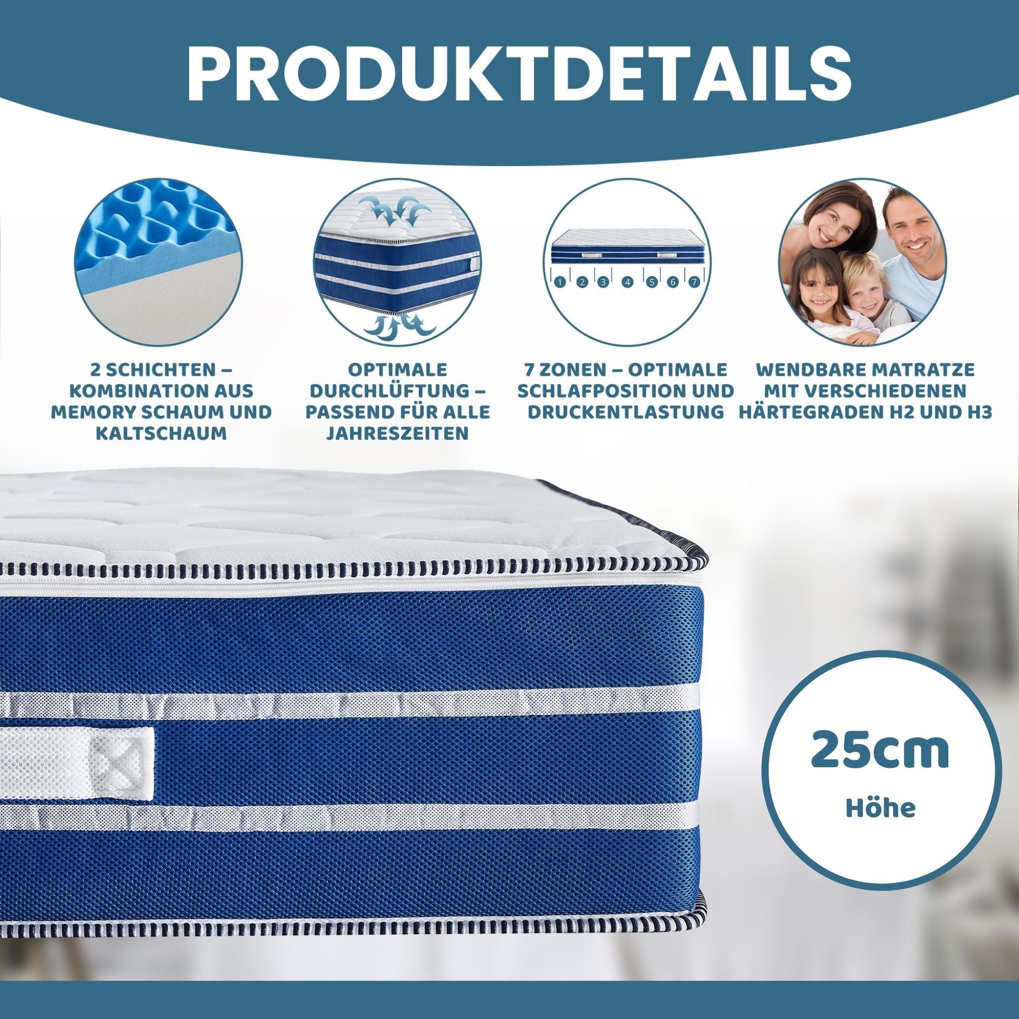 Kaltschaummatratze Arensberger Kaltschaum Matratze FLEXX, 25cm Höhe, Arensberger, 25 cm hoch, (90 x 200 cm), 7 Zonen; 25cm Höhe; H2/H3 Härtegrad - Wendbar, 3D Memory Foam