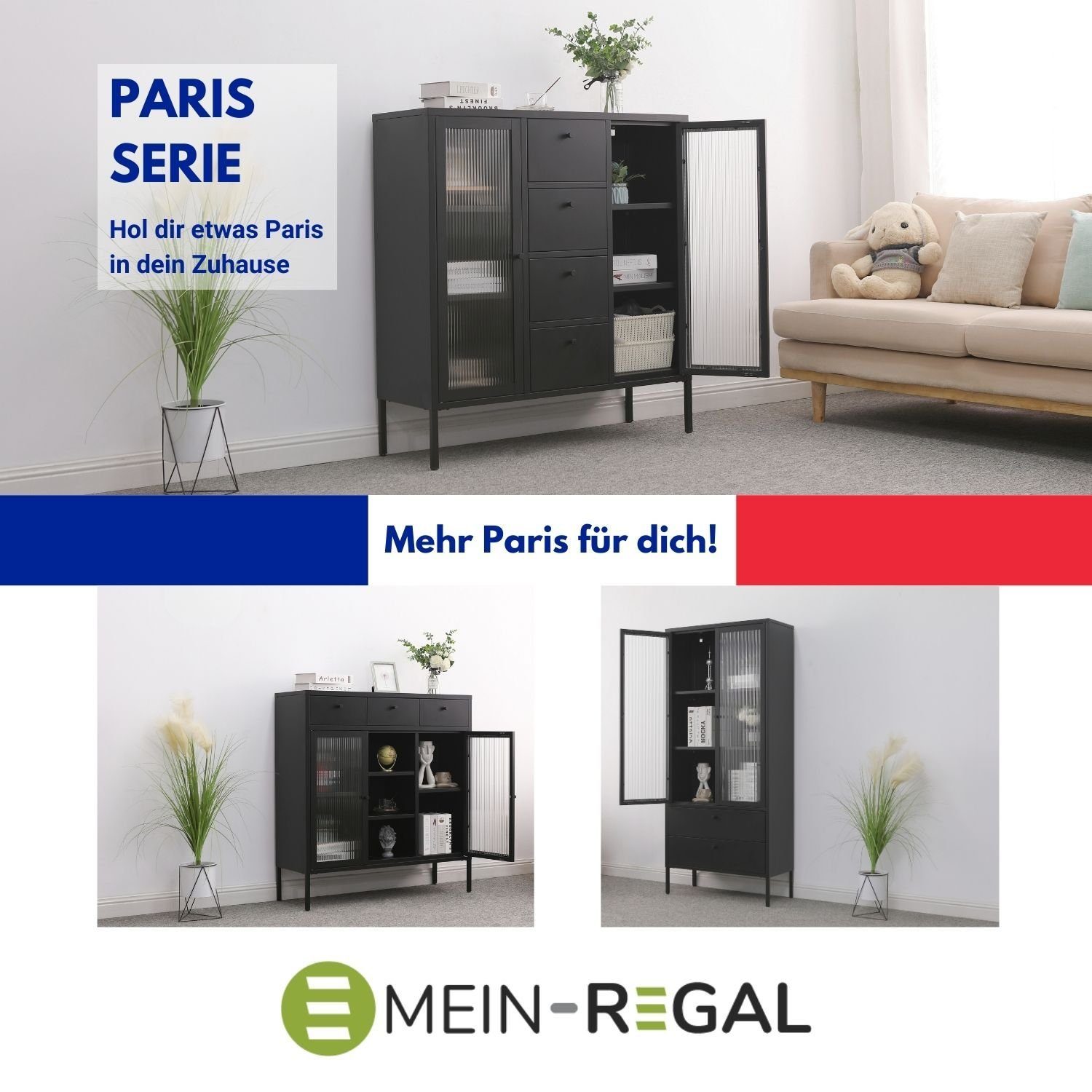 Mein-Regal Highboard, Highboard Paris Schwarz Metall 2 Glastüren, 4 Schubladen Einlegeböden