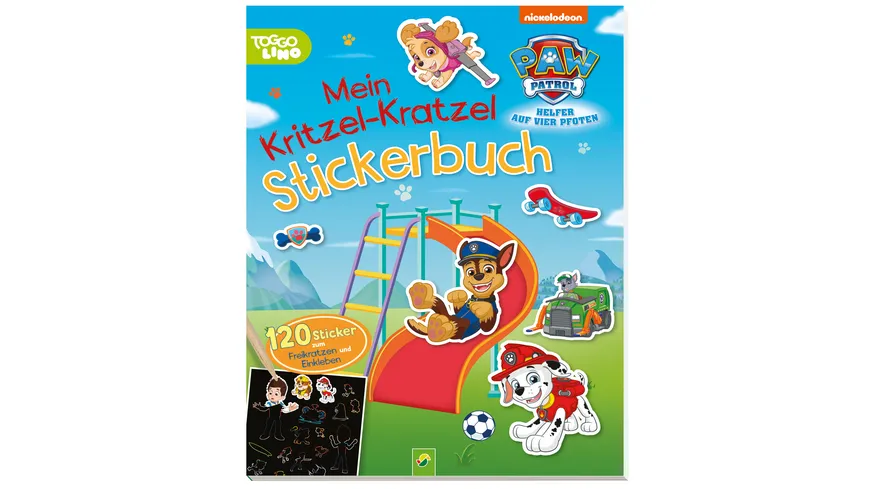 PAW Patrol Mein Kritzel-Kratzel Stickerbuch mit Bambus-Stick 120 Sticker zum Freikratzen und Einkleben für Kinder ab 4 Jahren