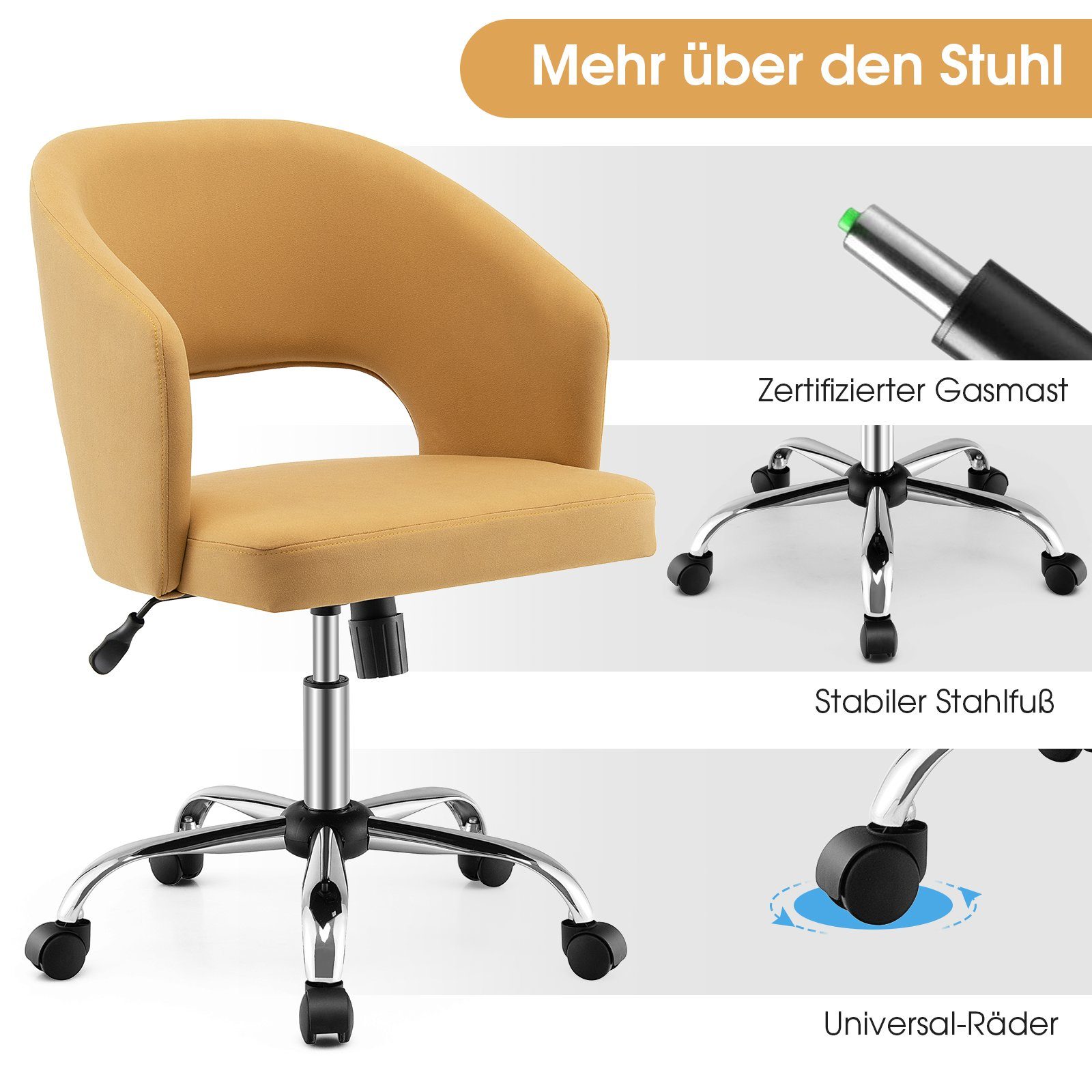 COSTWAY Bürostuhl höhenverstellbarer Schreibtischstuhl, Drehstuhl, bis 150 kg belastbar, Gelb