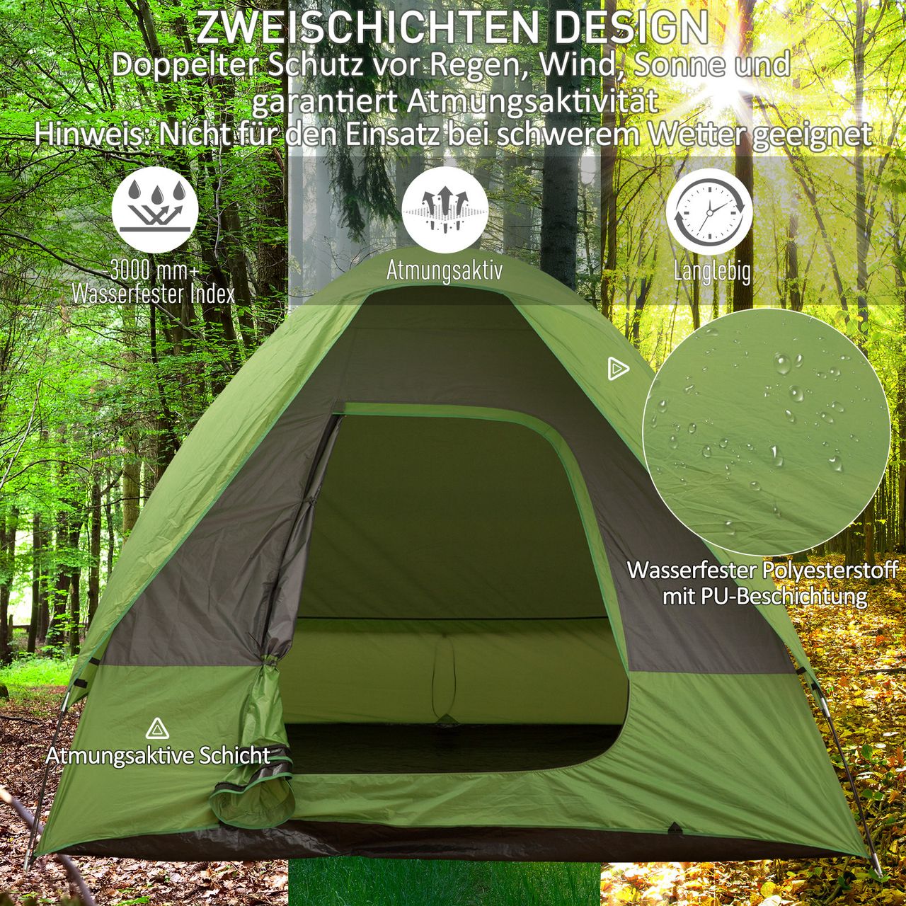 Outsunny Autozelt Campingzelt Reisezelt für 4-5 Personen Glasfaser Polyester Grün 300 x 300 x 230 cm