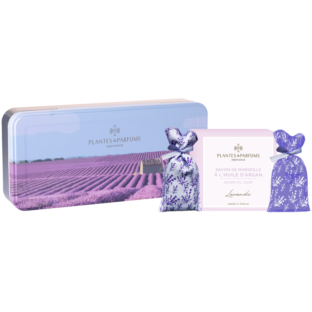 Plantes et Parfums 2 sachets de Lavande- savon Lavande Boîte Métal Rectangulaire
