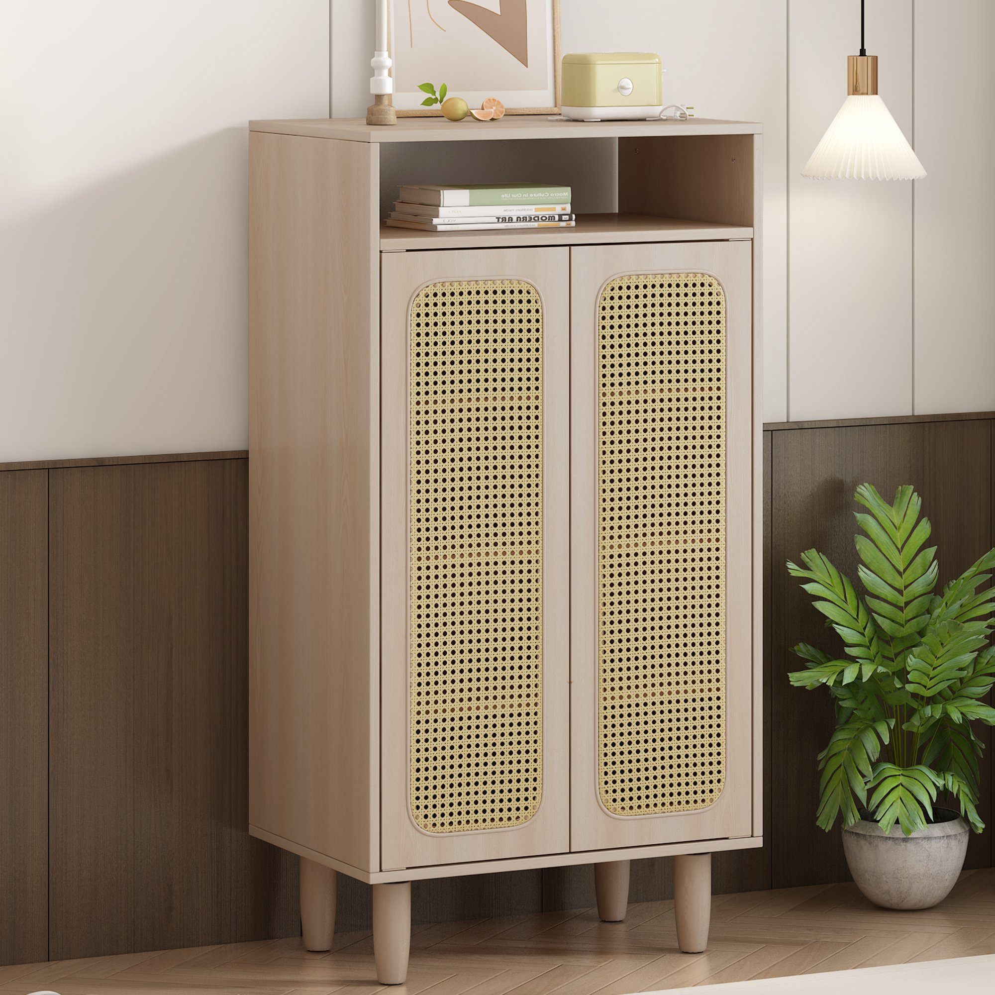 OKWISH Highboard Sideboard (mit Rattantüren und offenen Fach), Sideboard mit verstellbare Einlegeböden