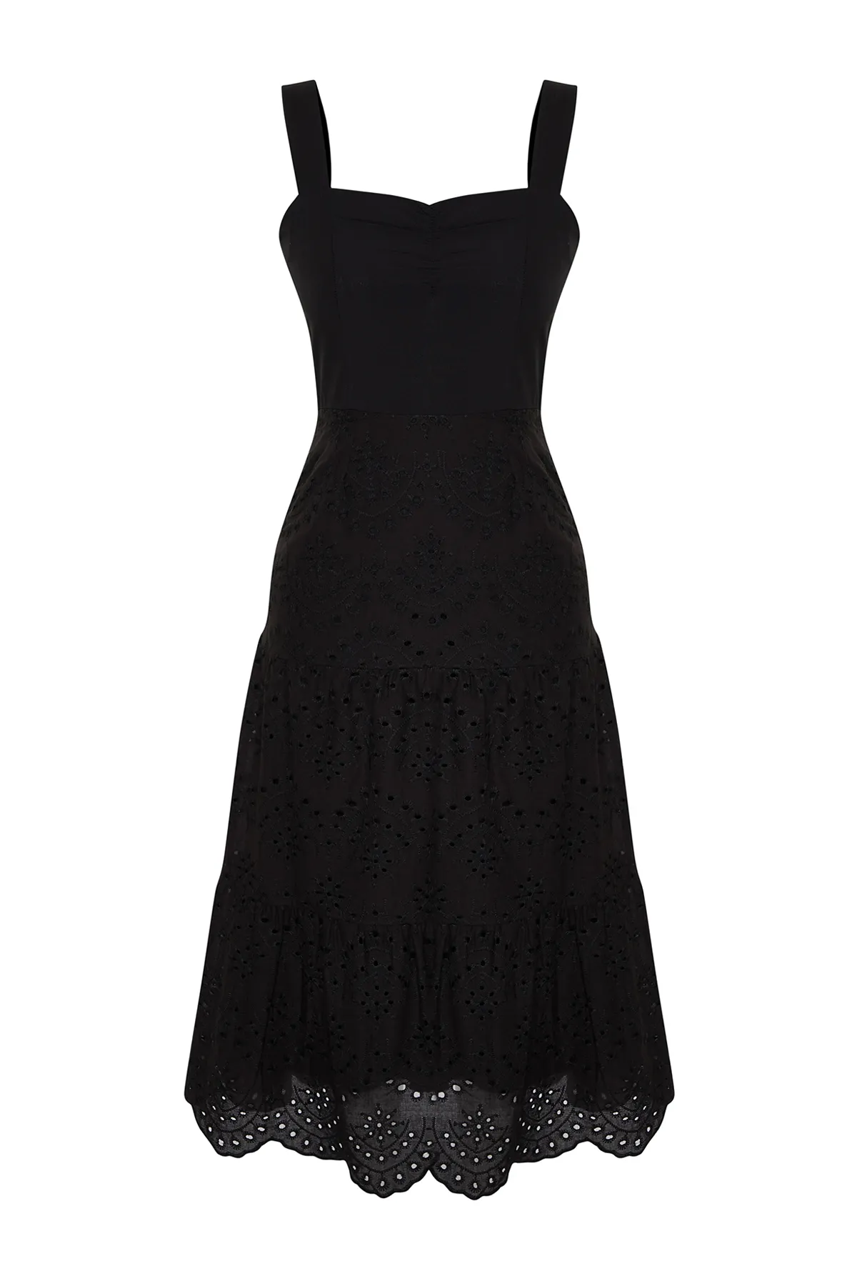 Trendyol Collection  Schwarzes Midikleid mit Taillenöffnung, gefüttert und bestickt, gewebtes Kleid TWOSS23EL00156