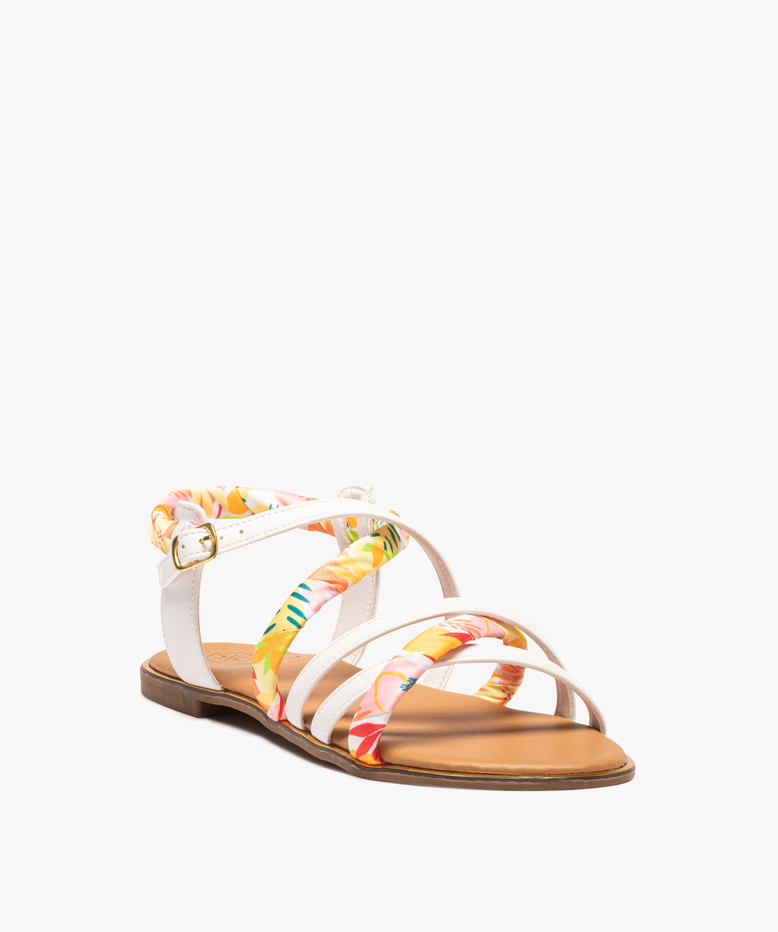 Sandales femme à talon plat et brides foulard imprimé blanc | GEMO