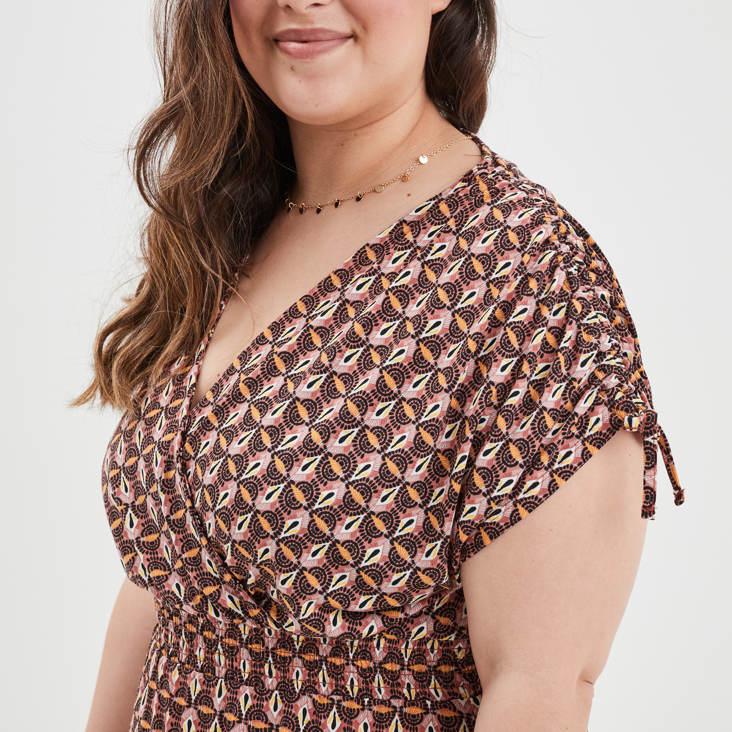 Robe longue smockée col cache-coeur vieux rose femme grande taille | La Halle