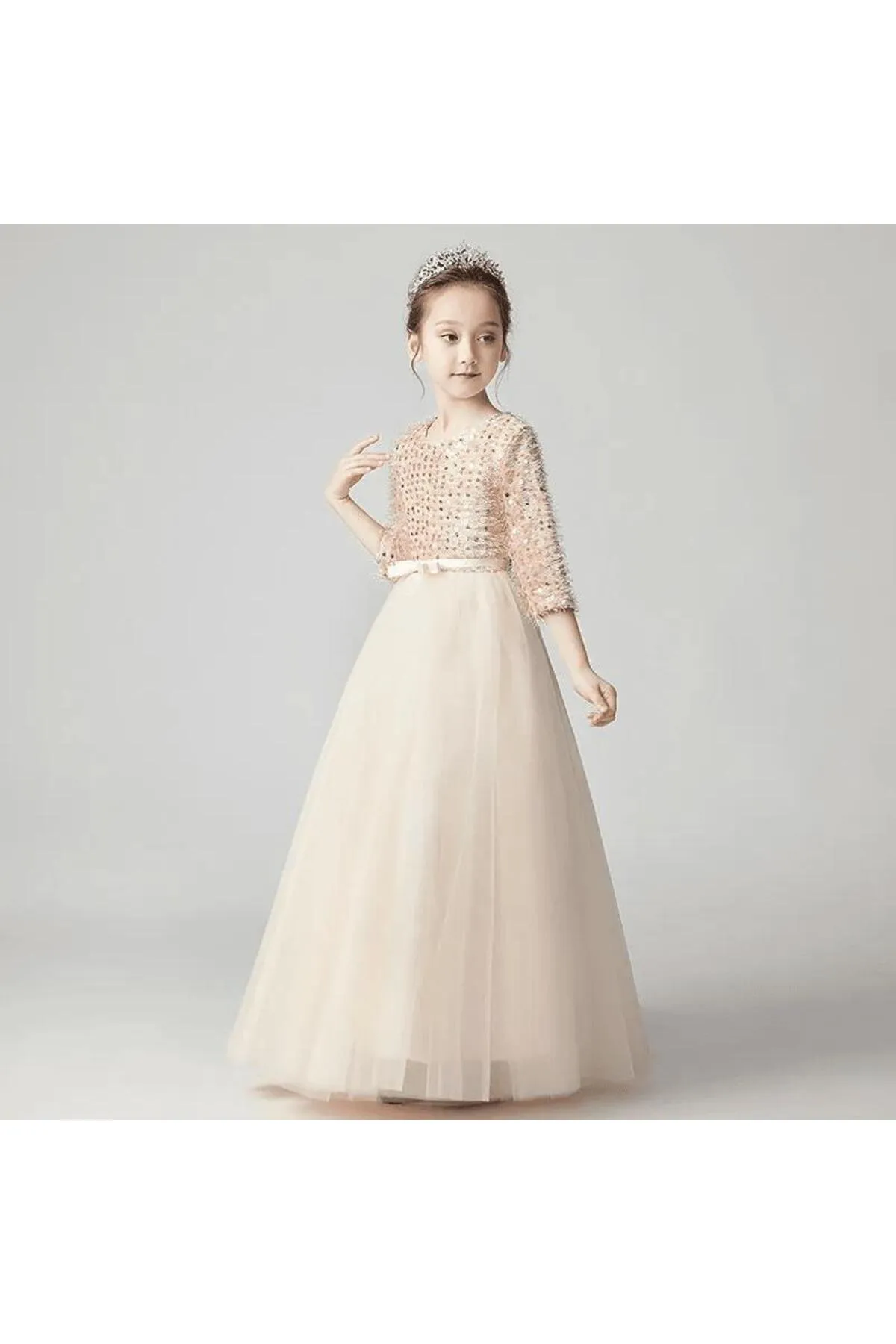 Mashotrend  Bled Abendkleid für Mädchen mit Pailletten und Fransen – Tarlatan Kinder-Abendkleid Langarm-Abendkleid für Mädchen