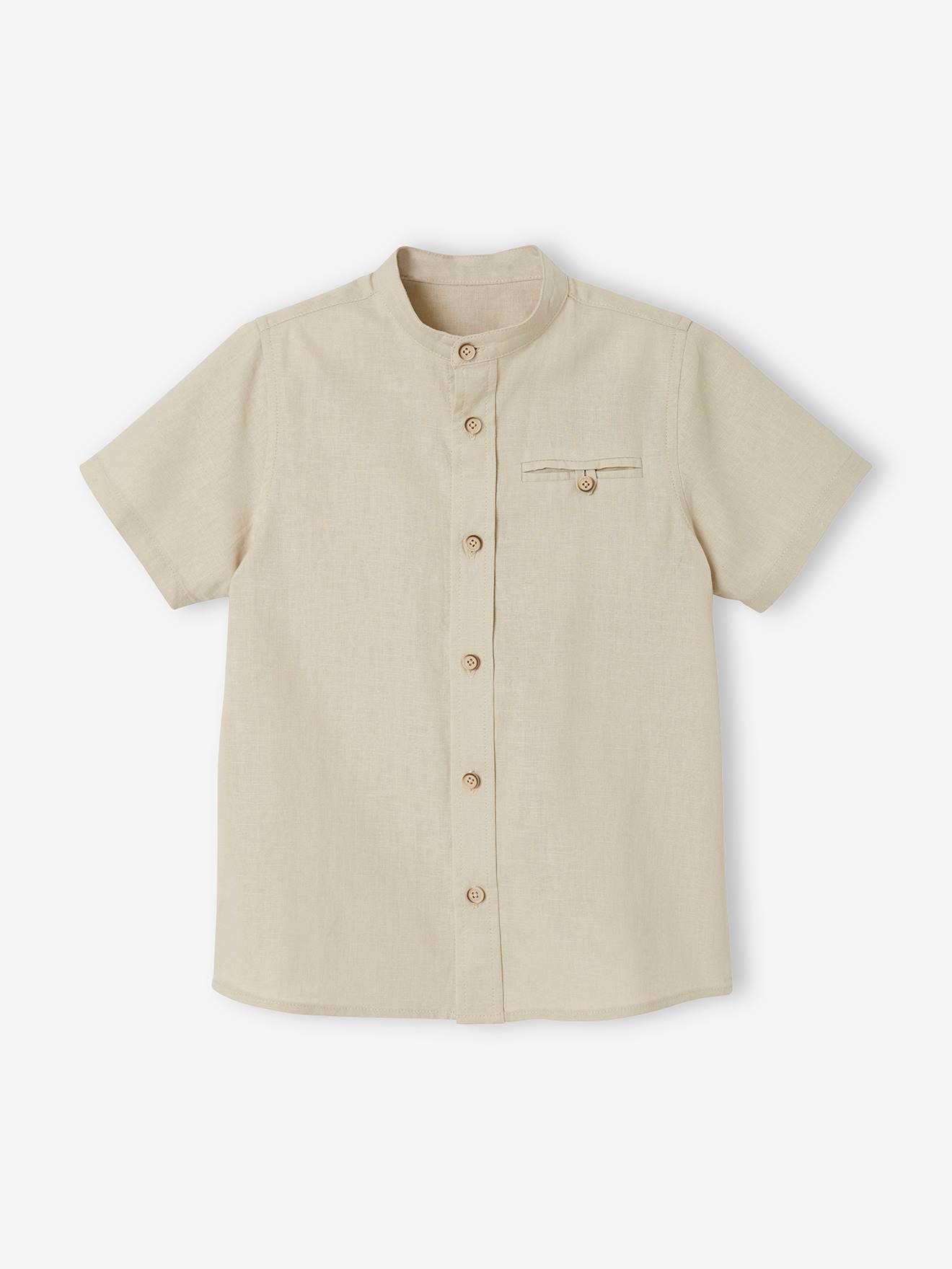 Chemise col Mao garçon en coton/ lin manches courtes blanc