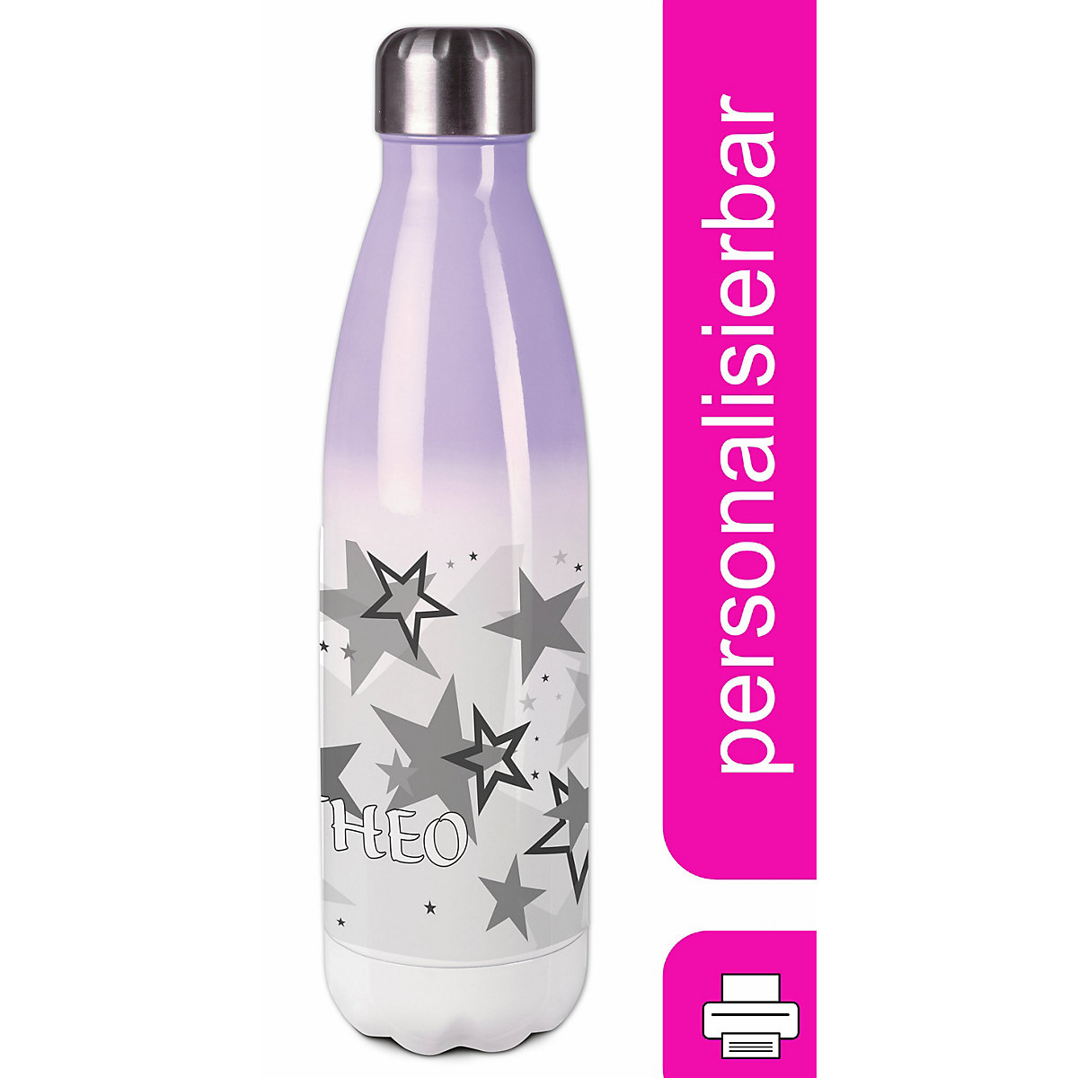 Edelstahl Kinder Thermoflasche / Trinkflasche bunt Sternenhimmel Farbe grau Spülmaschinenfest, Auslaufsicher, Bruchfest, Doppelwandig, Für Heißgetränke geeignet, Mit Deckel, Isoliert