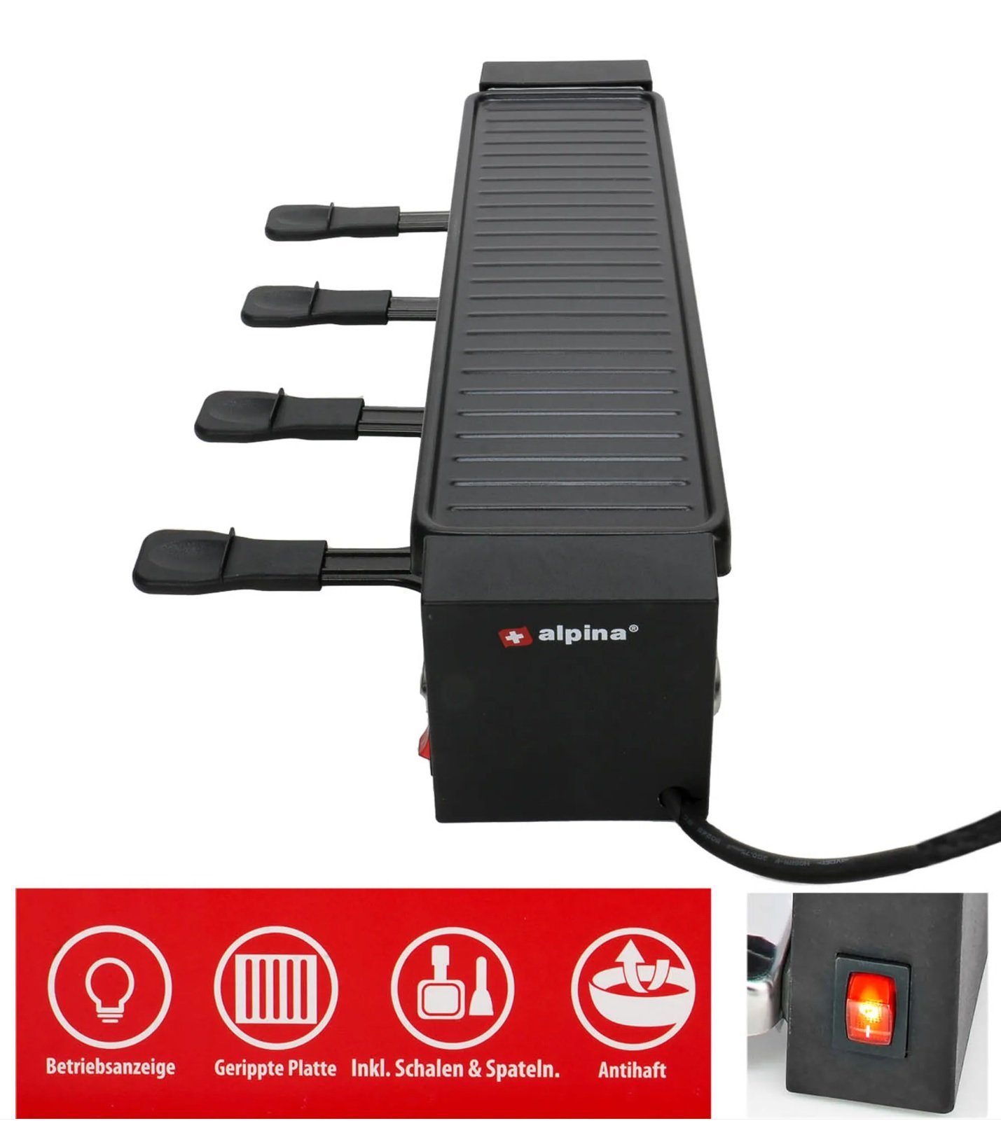 JUNG Raclette Raclette 4 personen Tischgrill Elektro Grill Partygrill Elektrogrill, 4 Raclettepfännchen, 800 W, Silvester, Weihnachten, Raklett, 4 Personen, 2 Personen, 6 Personen