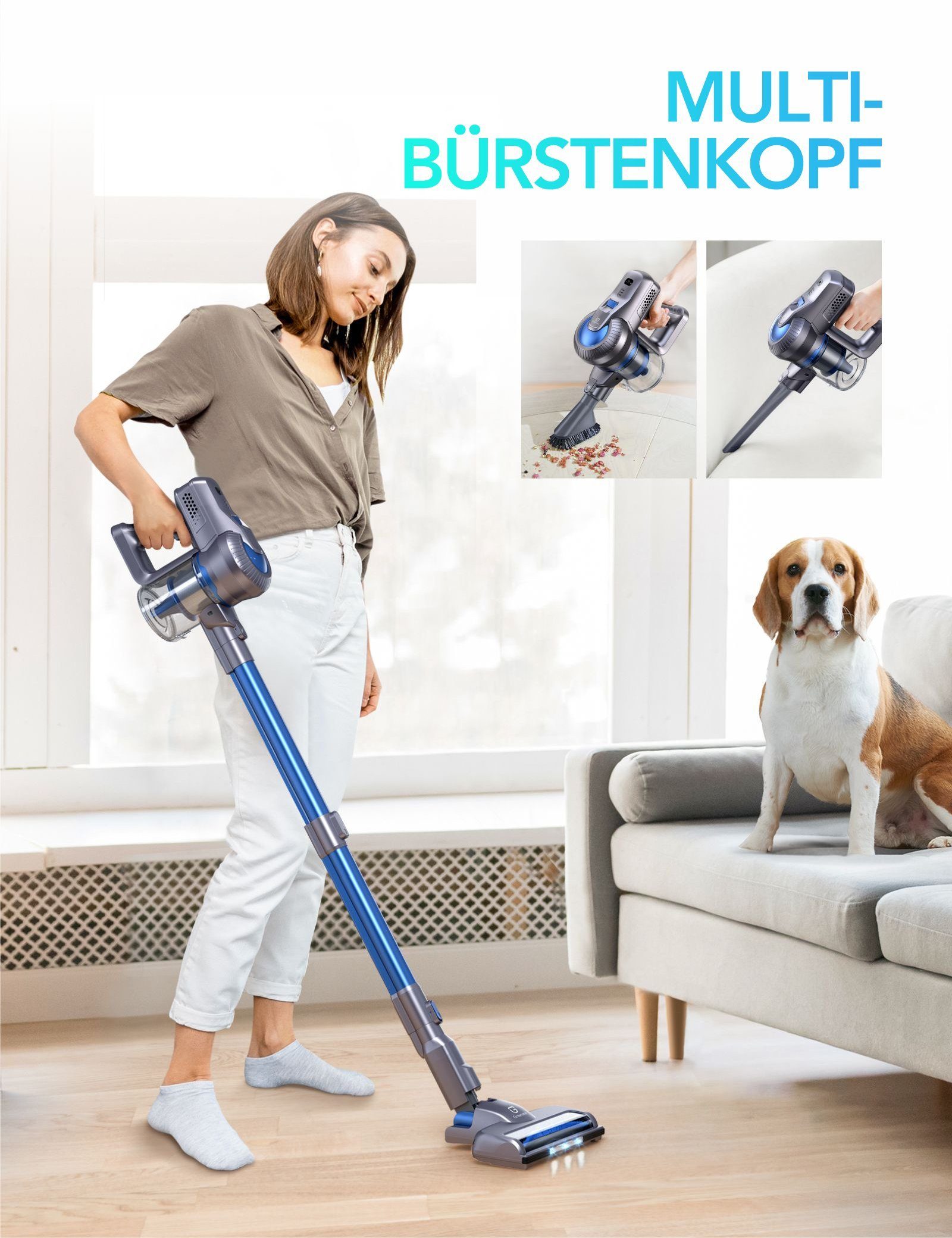 Greenote Akku-Stielstaubsauger GSC50, 23KPA, 4 in 1 Multifunktionaler Handstaubsauger, 200,00 W, Freistehender Akkusauger für Hartboden, Teppich, Tierhaare