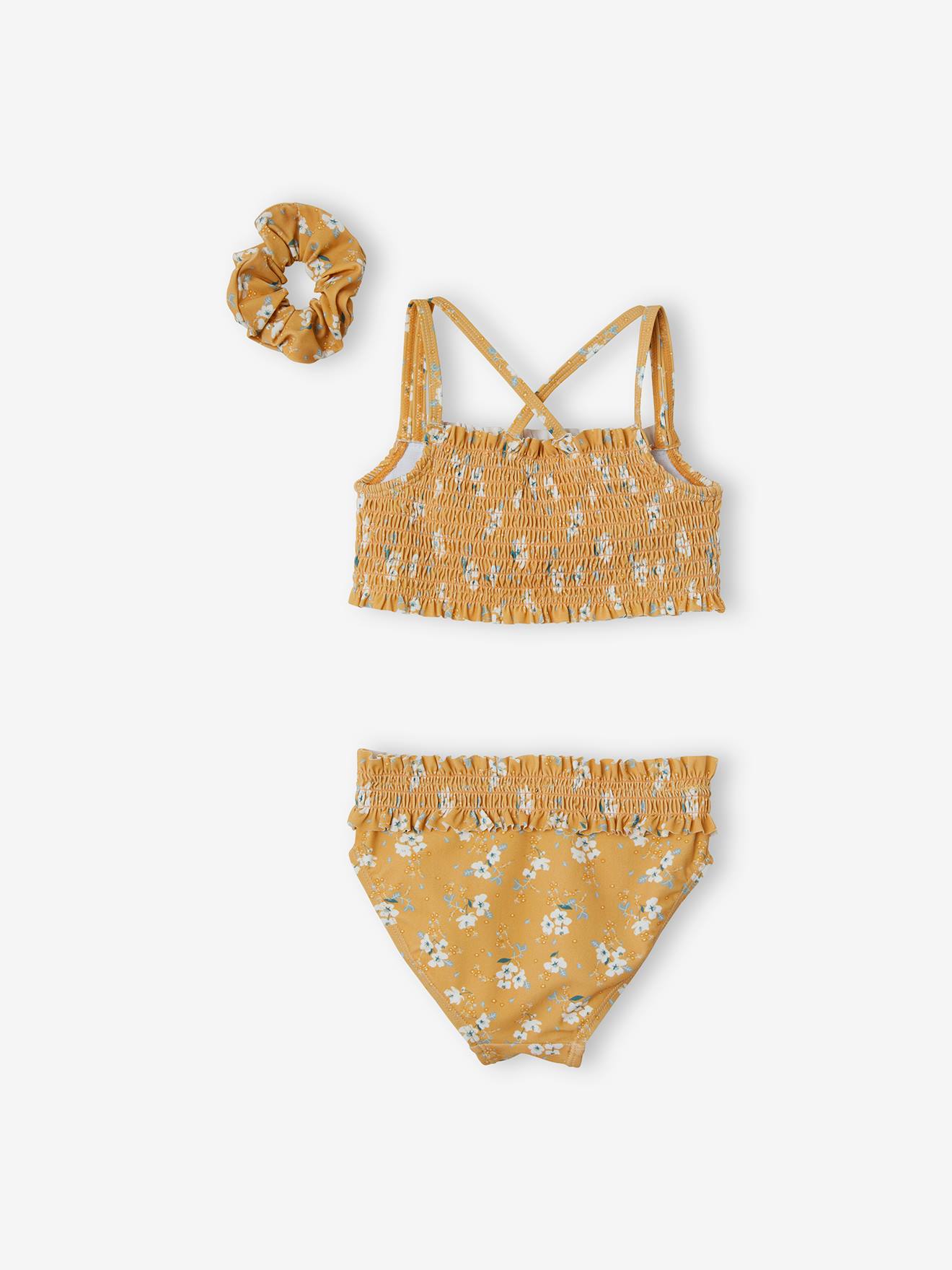 Maillot de bain 2 pièces imprimé fleurs fille + chouchou assorti jaune ambre imprimé