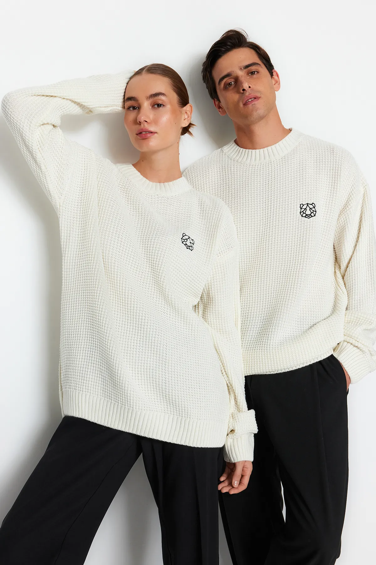Trendyol Collection  Ecrufarbener Oversize-Pullover mit weiter Passform und Rundhalsausschnitt, bestickter Strickpullover TMNAW24KZ00032