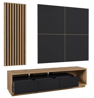 Helvetia Wohnwand Celine, 3-teiliges Wohnzimmer Set 200x45x196cm wotan eiche / schwarz matt