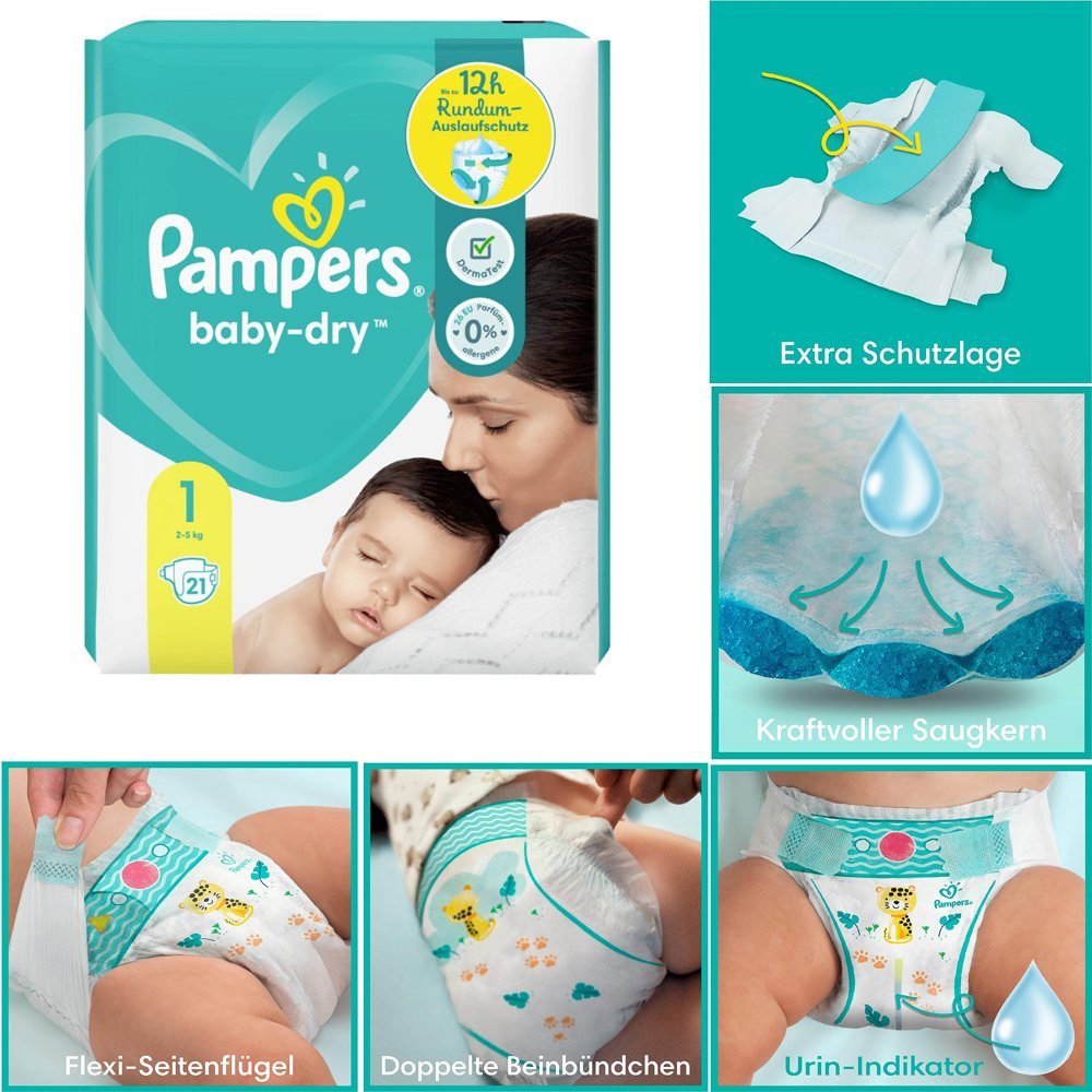 Pampers Windeln Baby-Dry Größe 1, 21 Windeln, bis zu 12 Stunden Schutz, 2kg-5kg (21-St), Marktführer
