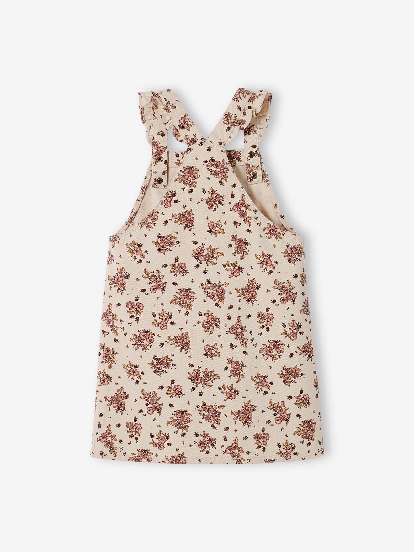Robe-salopette à fleurs bretelles à volants beige rosé imprimé