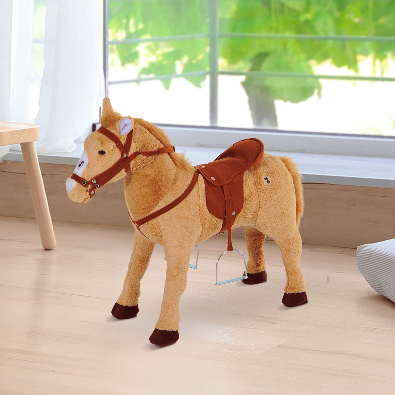 HOMCOM Reitpferd Spielpferd Plüschpferd Spielpferd für Kinder Stehpferd mit Sound Beige 85 x 28 x 60 cm