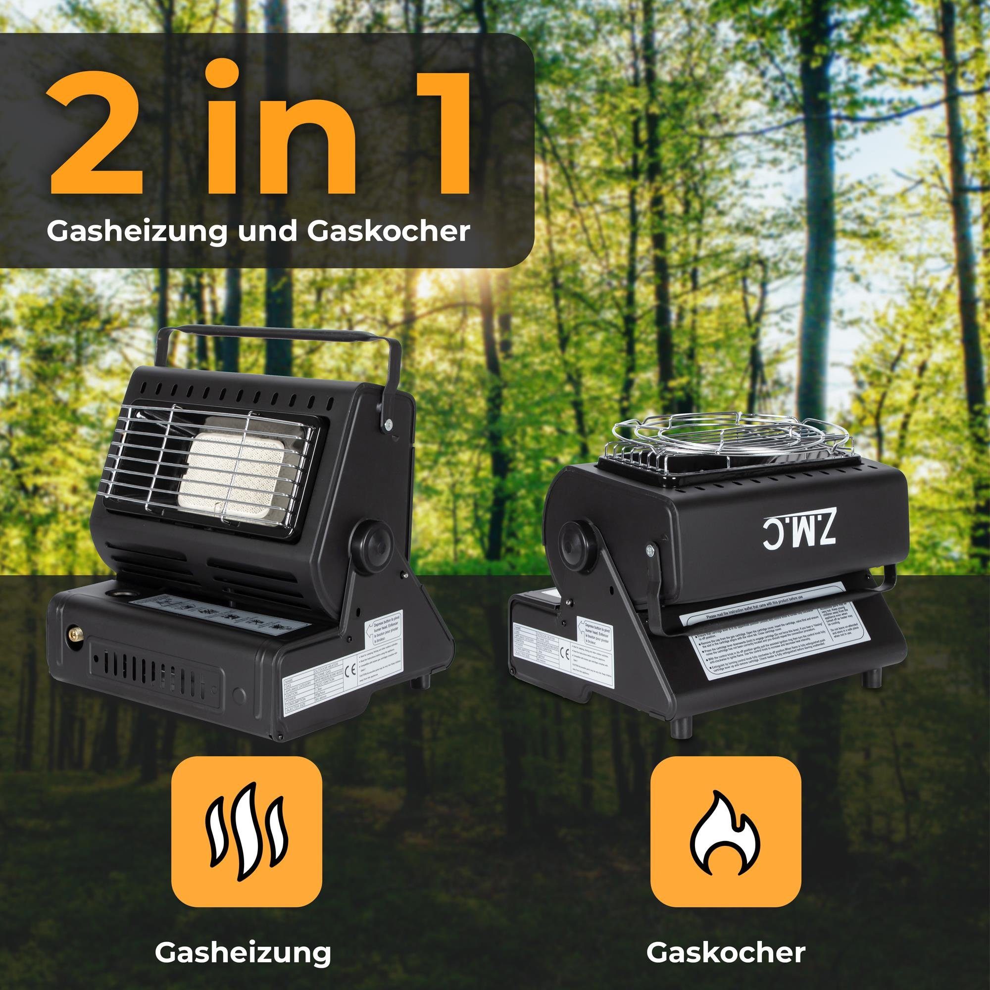 Z.M.C.GMBH Heizgerät 2in1 Tragbare Gasheizung + Camping Gas Kocher Heizung Heizstrahler, Gasheizung Keramik 1,3KW 1300 W Zeltheizung Campingheizer Gasstrahler
