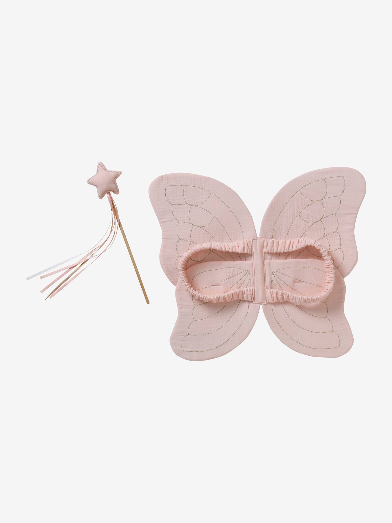 Ailes de papillon en gaze de coton + baguette magique rose