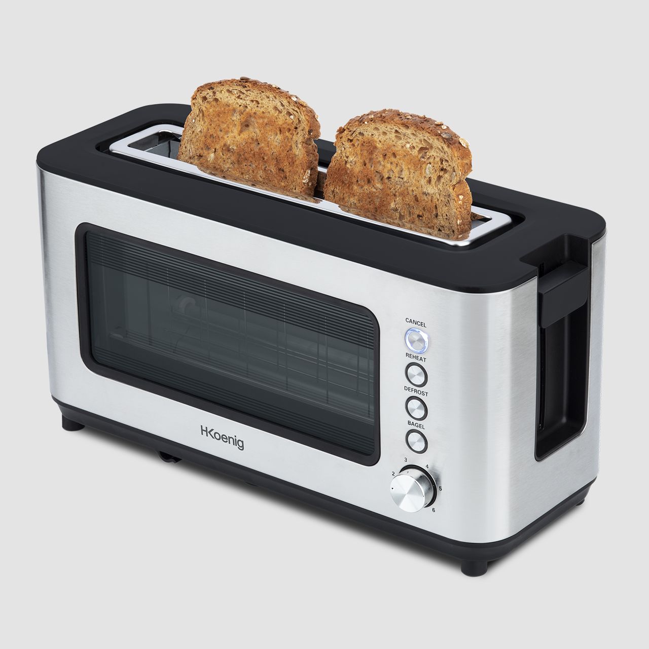 H.Koenig VIEW7 / Vintage-Edelstahl / 2 Scheiben / 6 Bräunungsstufen/Auftaufunktion/Brötchen, Toast/einfache Reinigung / 1200 W, Glas, 37x19x15 cm