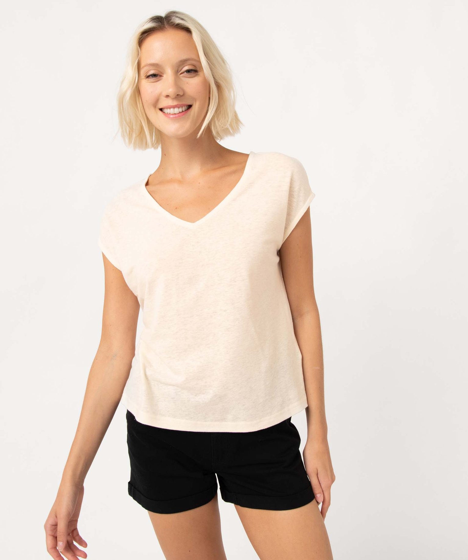Tee-shirt femme à col V et manches ultra courtes ecru | GEMO