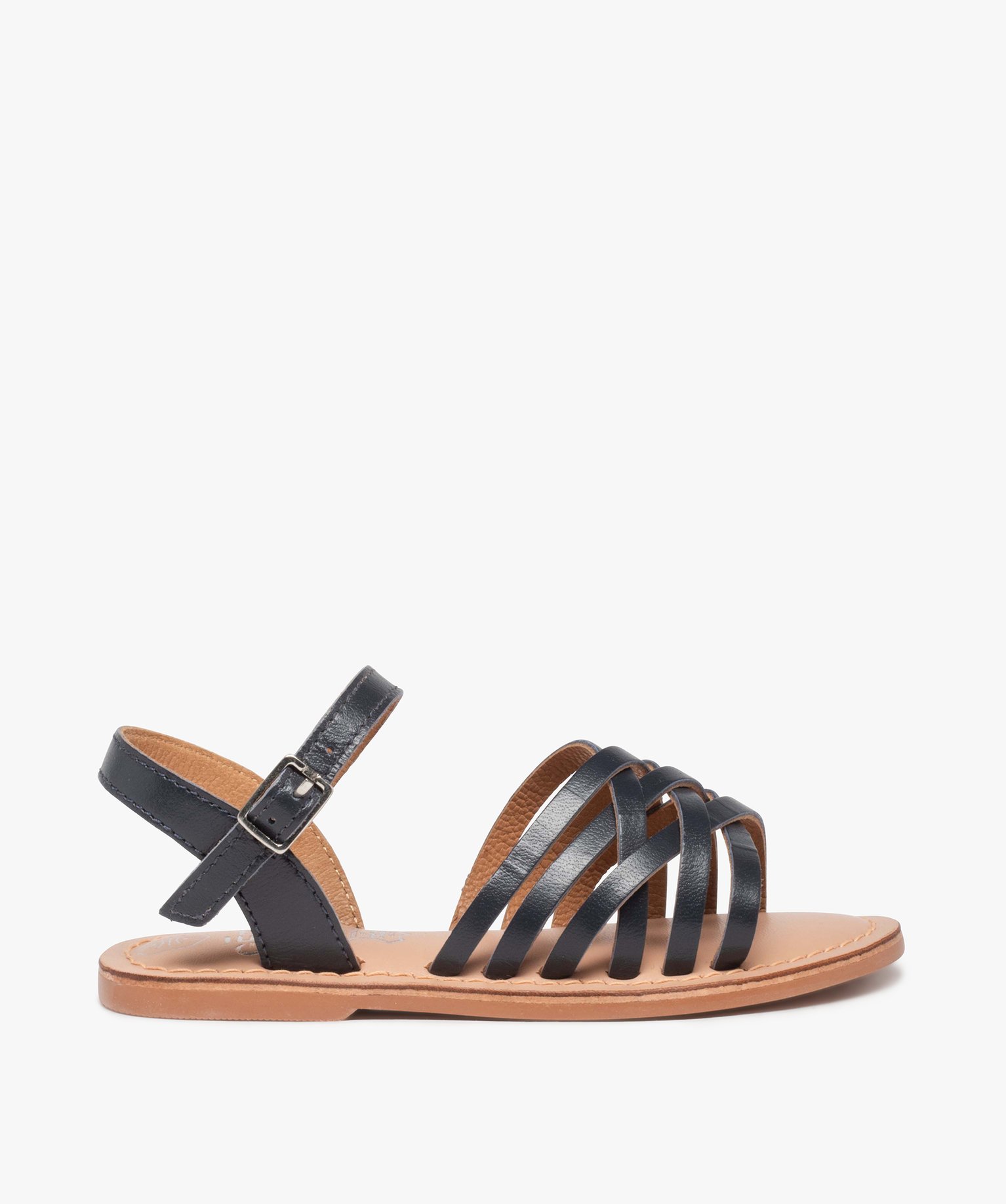Sandales fille unies à fines brides entrelacées en cuir marine | GEMO
