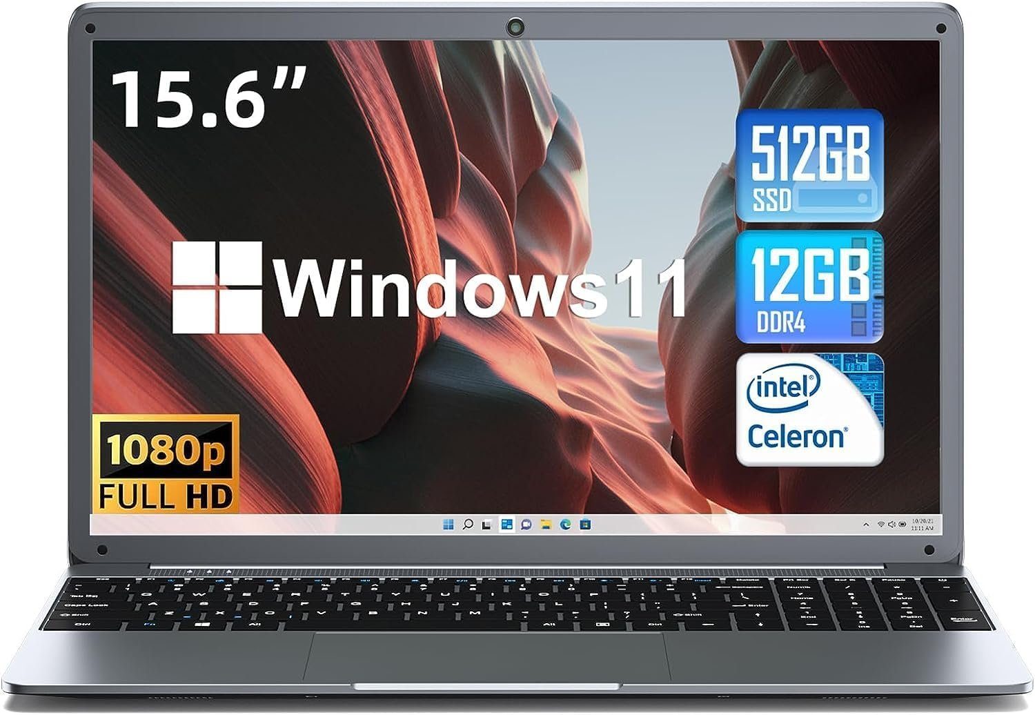 SGIN Notebook (Intel Celeron N5095, UHD Grafik, 512 GB SSD, Full HD Display 12GB Ram vielseitige Anschlüsse, leicht und tragbar)