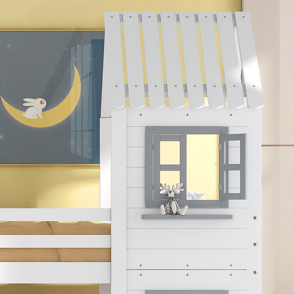 Etagenbett mit Handlauf und Fenster, Hausbett, Fallschutz und Gitter, Kiefer