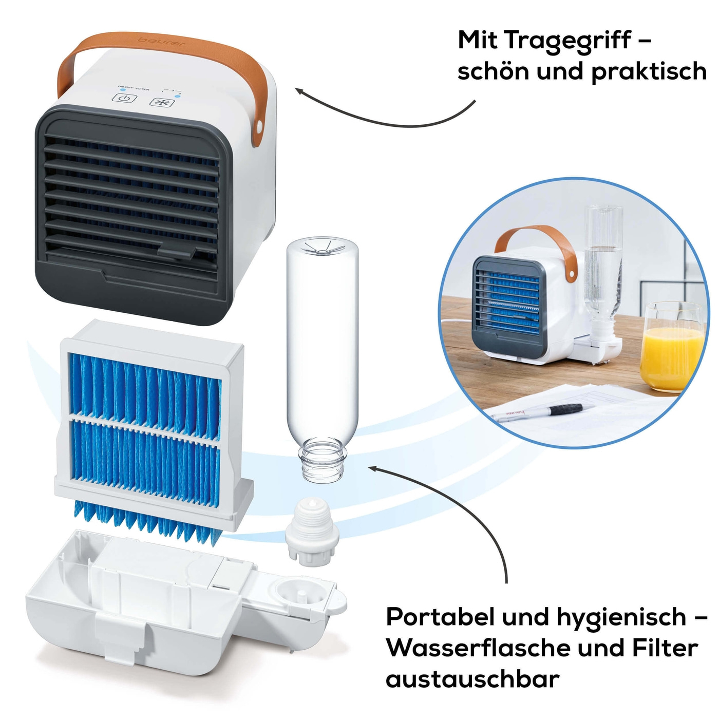 Beurer LV 50 Fresh Breeze Tischventilator/-kühler-Kompakter Ventilator mit praktischem Tragegriff, Luftkühlung & Luftbefeuchtung