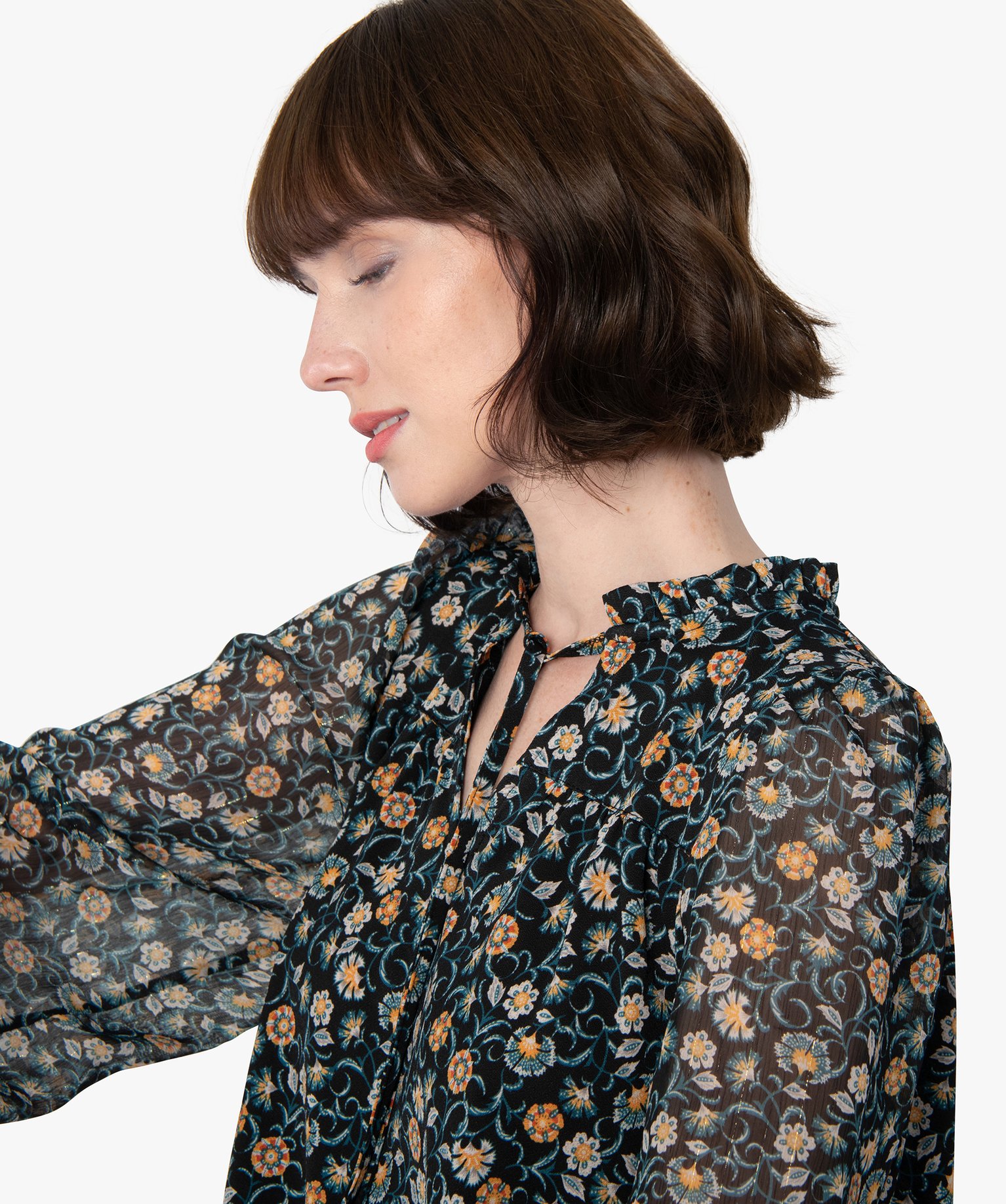 Blouse femme en voile avec rayures pailletées sur les manches | GEMO