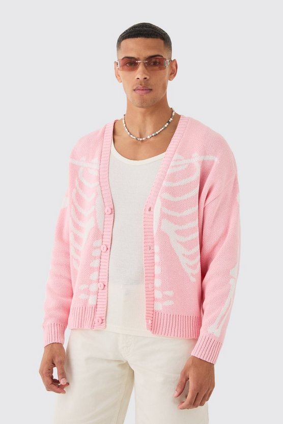 Kastiger Oversize Jacquard-Cardigan mit Skelett-Print