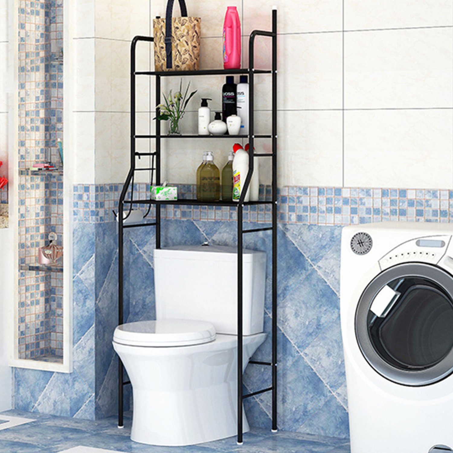 Vicbuy Badregal Standregal mit 3 Haken, 3 Etagen Stahl Toilettenregal, WC-Regal, Metall Badezimmerregal, Aufbewahrungsregal, Waschmaschinenregal, für Badezimmer, 153*48*26cm