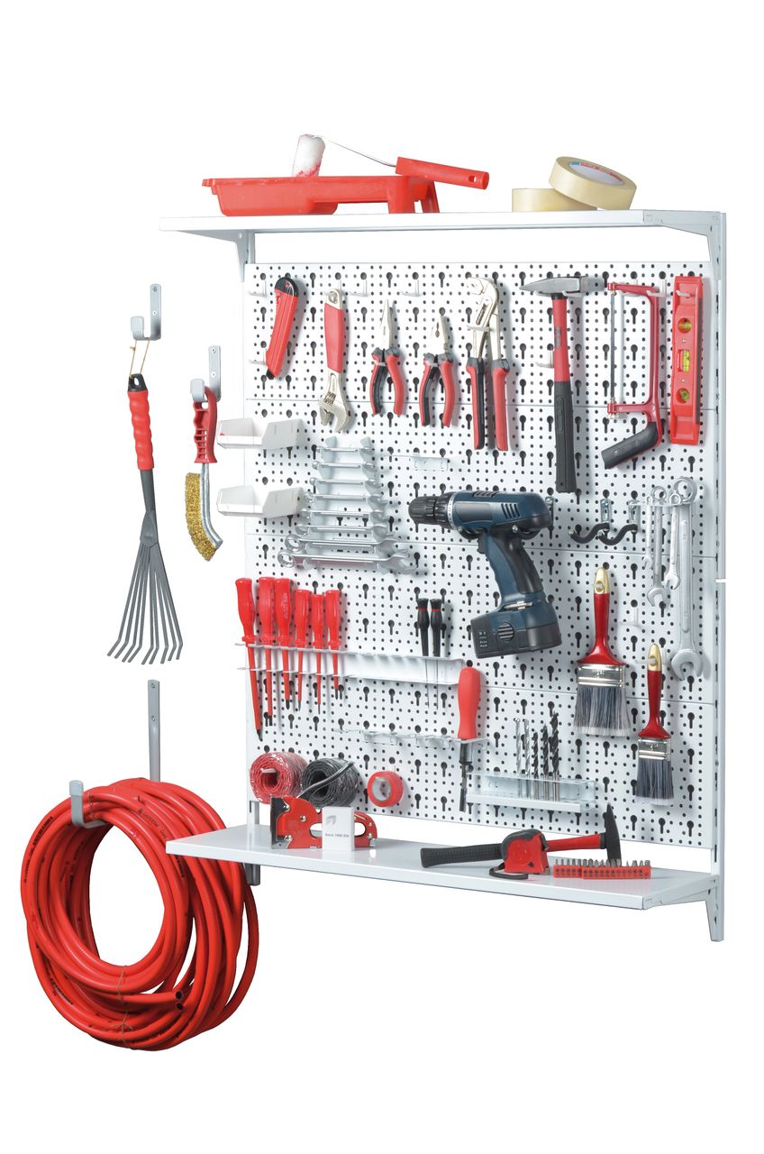 Element System Werkzeugwand mit Abstellregal, weiß
