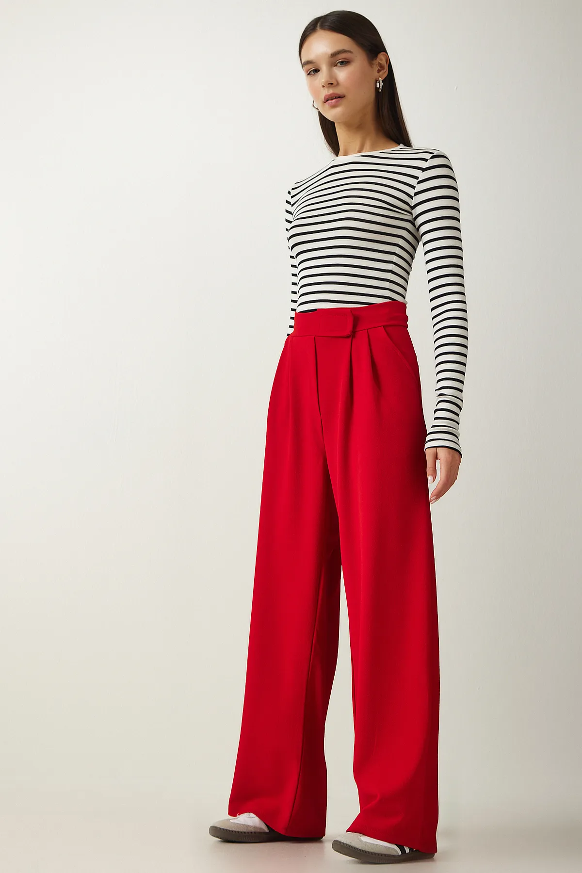Happiness İstanbul  Bequeme Palazzo-Hose mit Klettverschluss in Rot für Damen Lİ00113